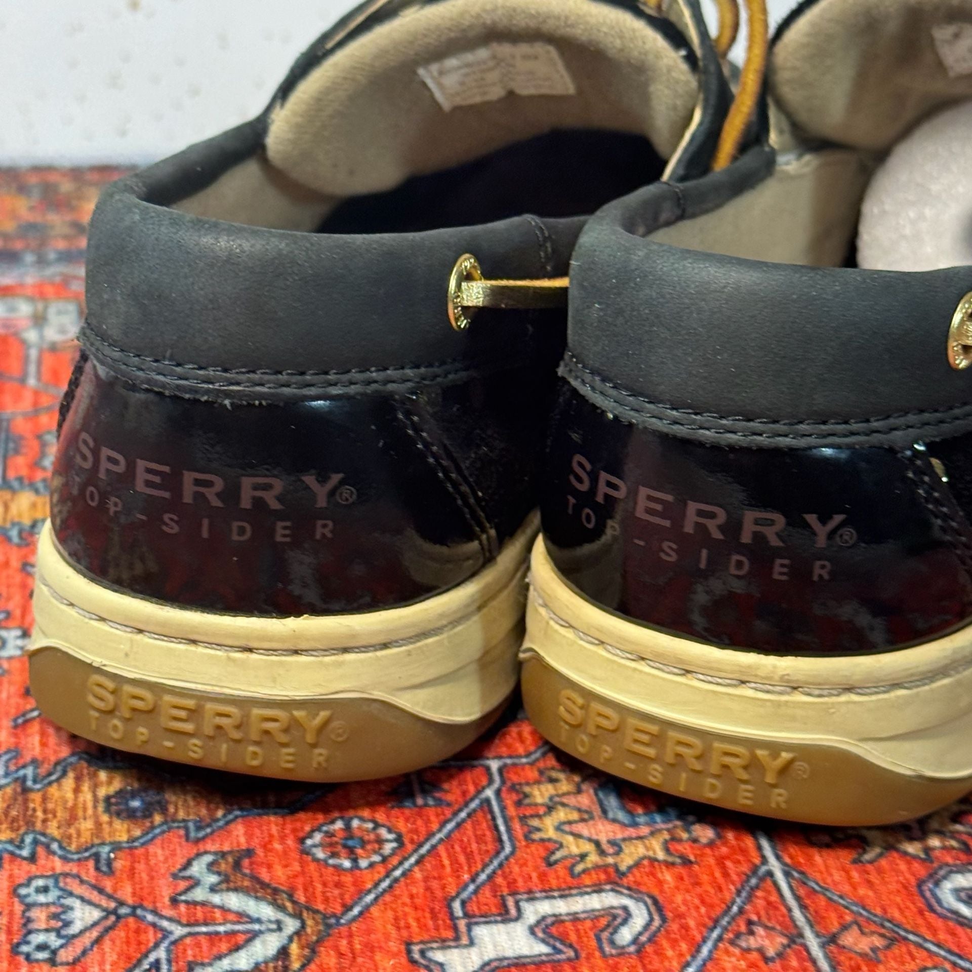 Sperry Top-Sider Women’s 7.5 Black Gold Leather Boat Shoes Polka Dot Metallic 8