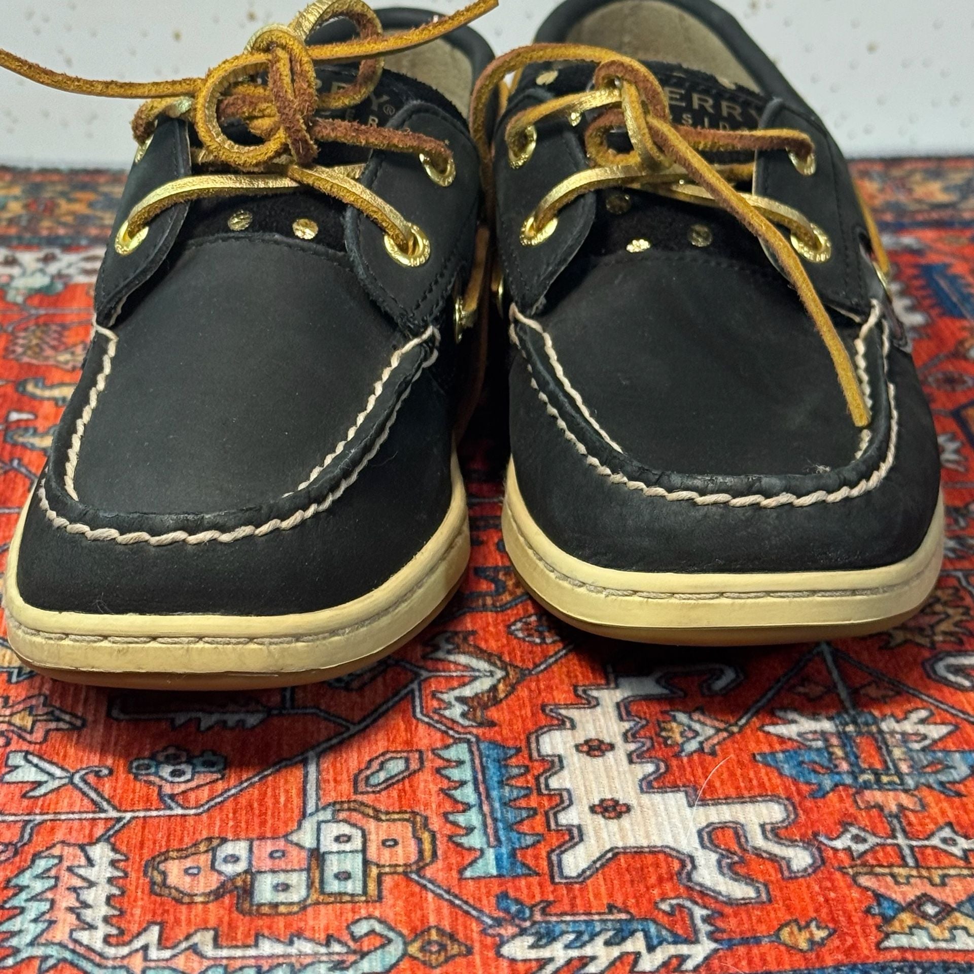 Sperry Top-Sider Women’s 7.5 Black Gold Leather Boat Shoes Polka Dot Metallic 9