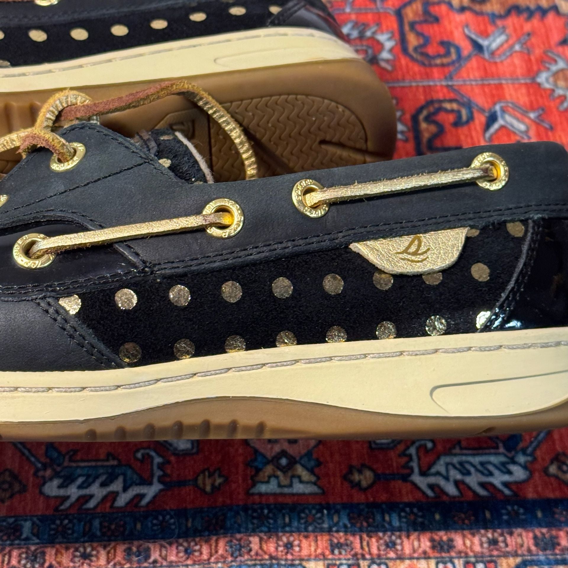 Sperry Top-Sider Women’s 7.5 Black Gold Leather Boat Shoes Polka Dot Metallic 11