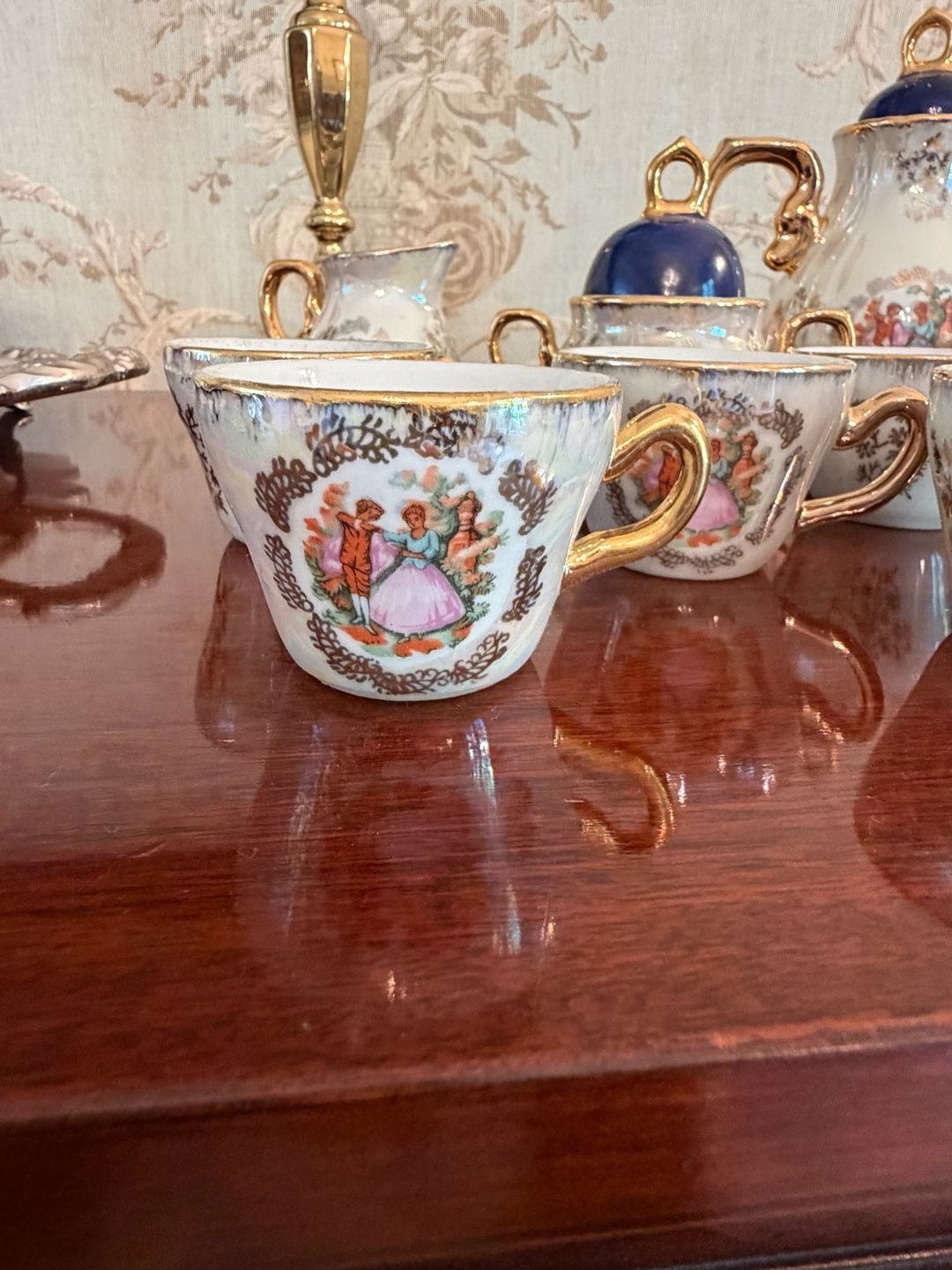 Vintage Japanese Fine Porcelain Tea Set Courting Couple Mother Of Pearl 10