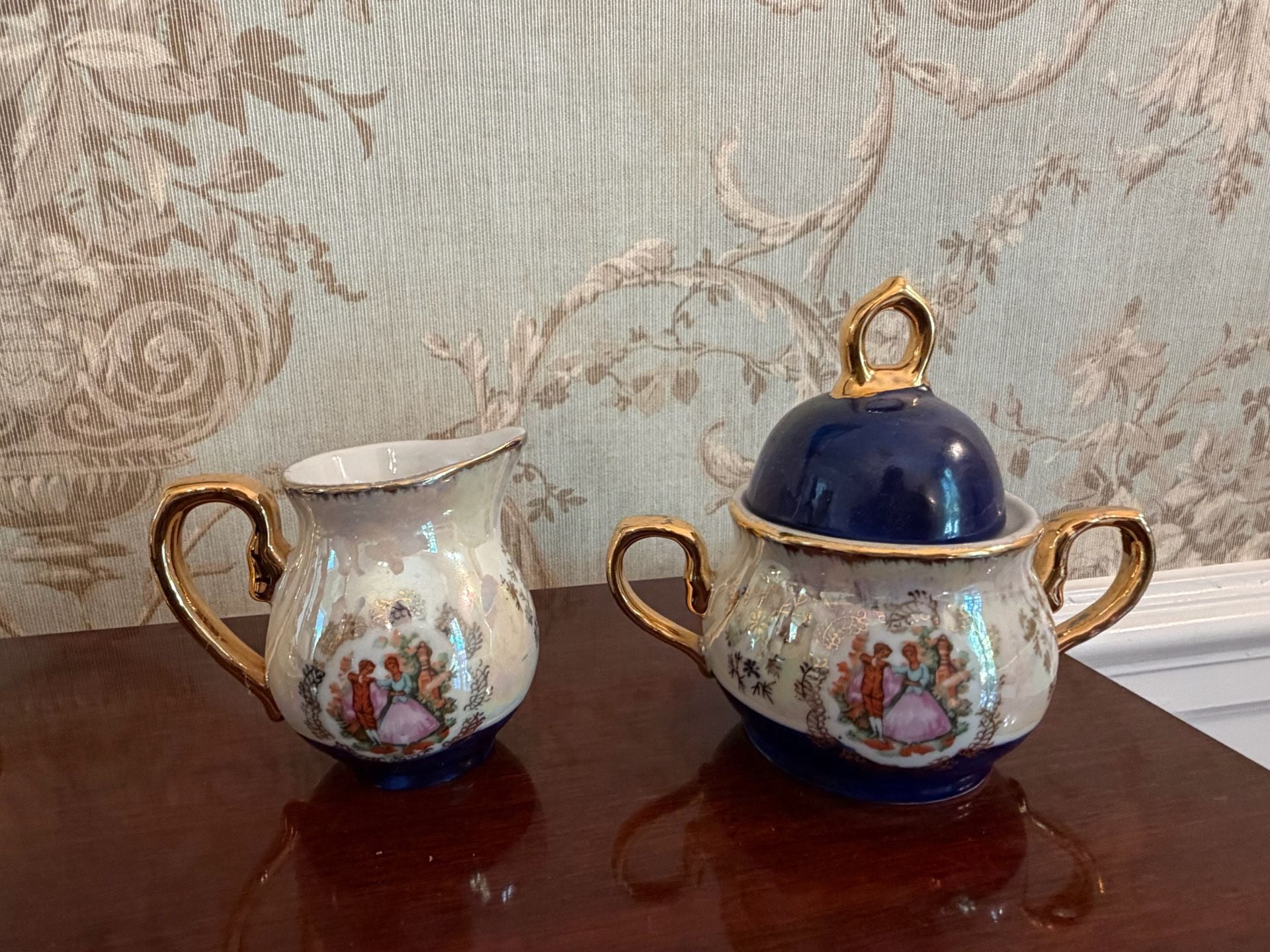 Vintage Japanese Fine Porcelain Tea Set Courting Couple Mother Of Pearl 12