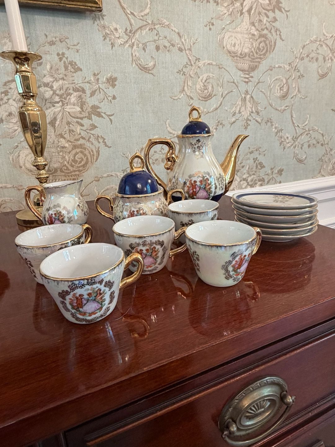 Vintage Japanese Fine Porcelain Tea Set Courting Couple Mother Of Pearl 13
