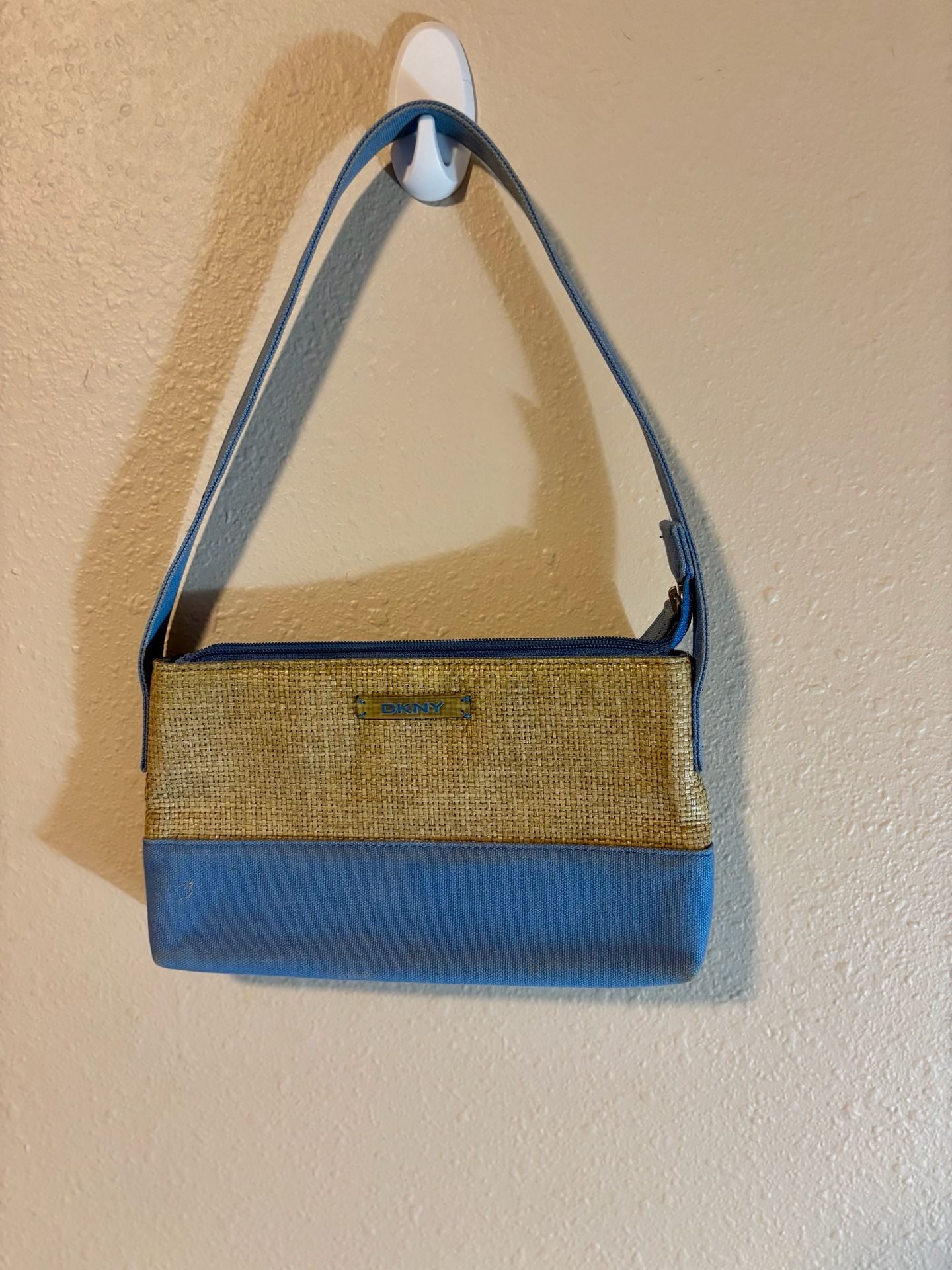 DKNY Straw and Blue Canvas Shoulder Bag Handbag 2