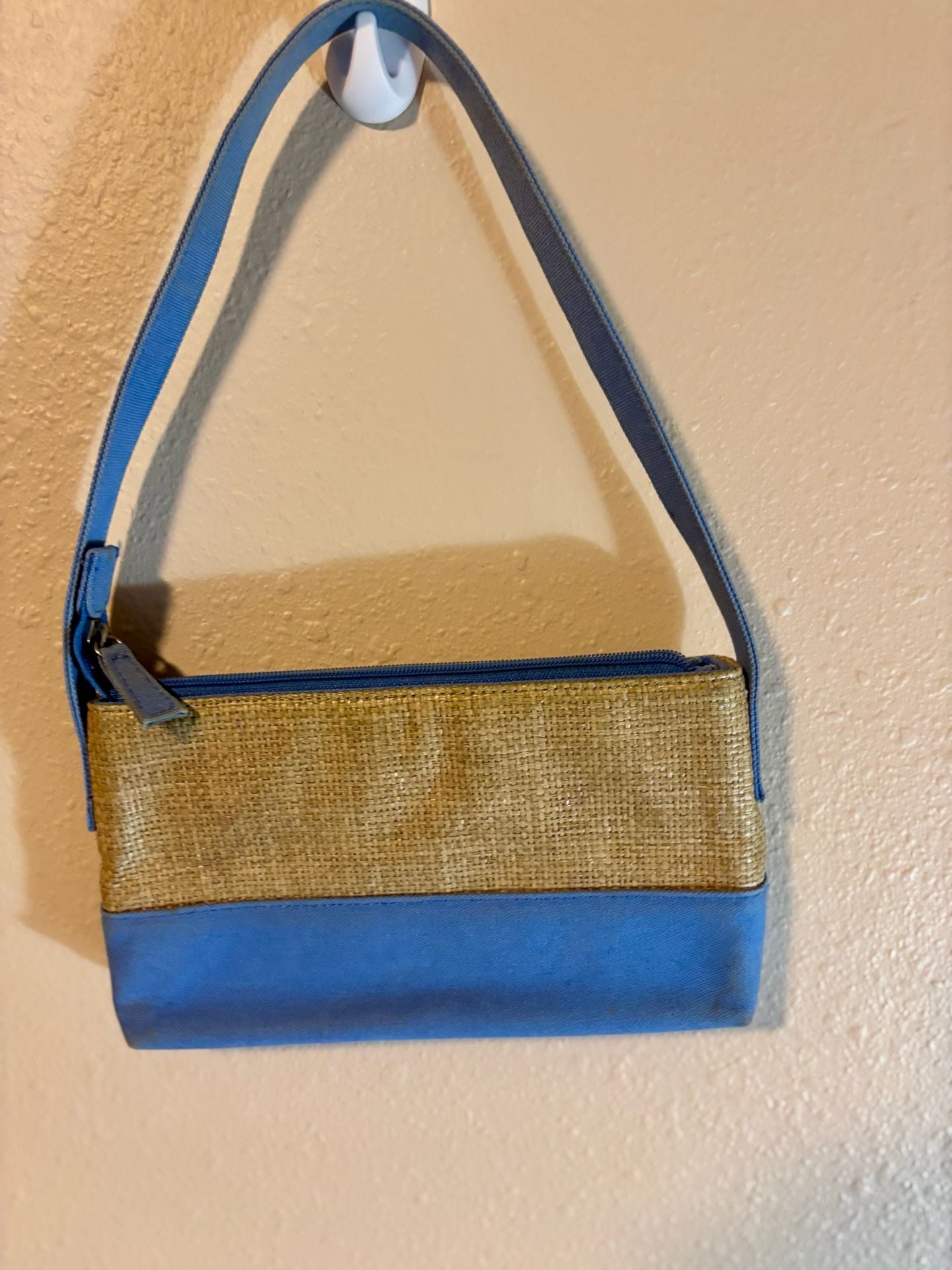DKNY Straw and Blue Canvas Shoulder Bag Handbag 4