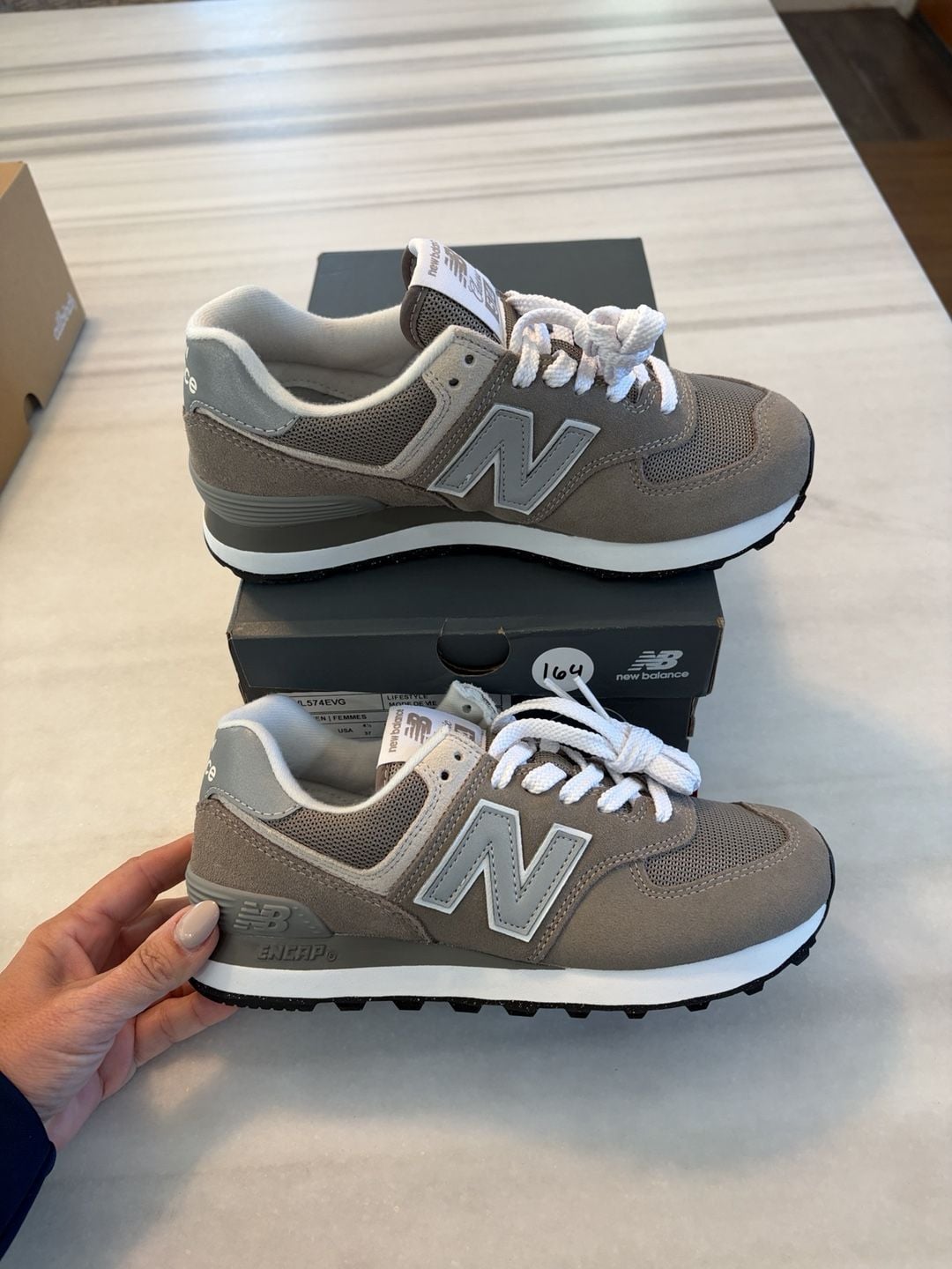 New Balance 574 Size 6.5 Grey White Suede Mesh Sneakers WL574EVG 2