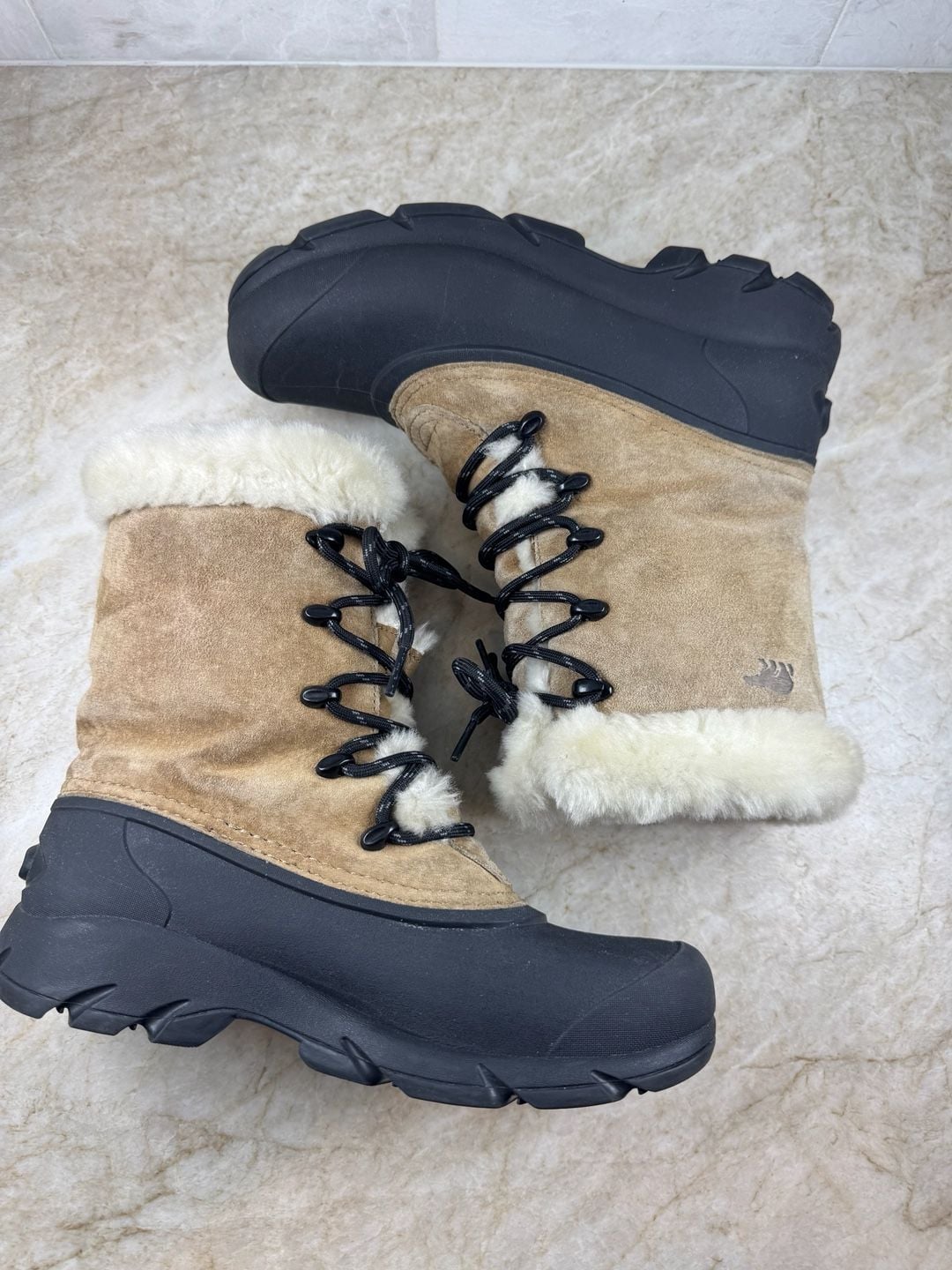 Sorel Snow Bird Women’s Winter Boots Tan Suede Fur Lined Lace Up Size 7 6