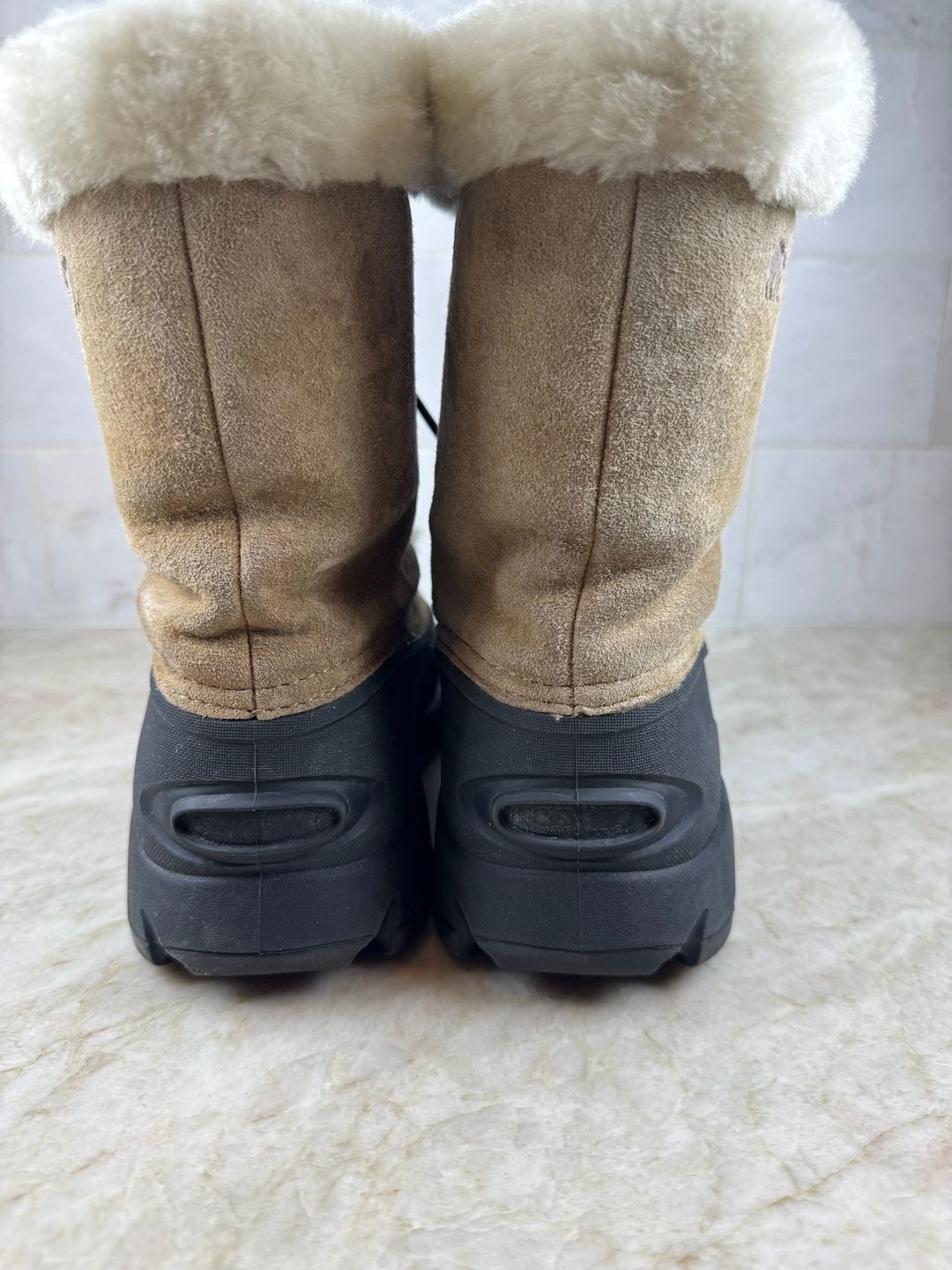 Sorel Snow Bird Women’s Winter Boots Tan Suede Fur Lined Lace Up Size 7 9