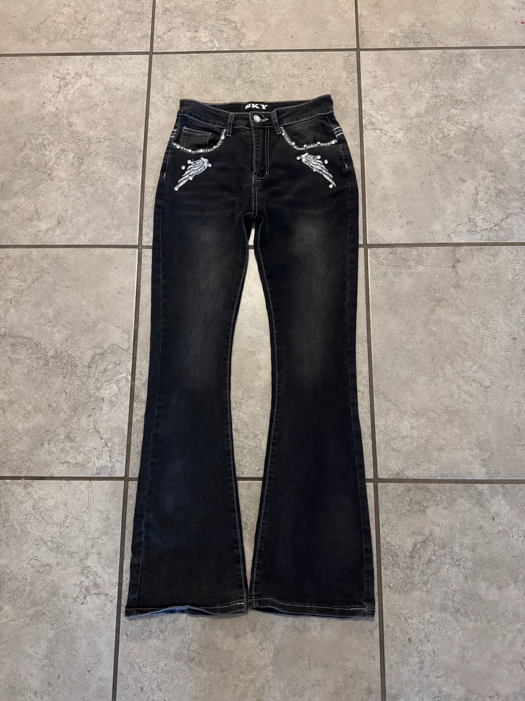 SKY Rhinestone Skull Wing Flare Jeans Size 5 Black Y2K Embellished 2