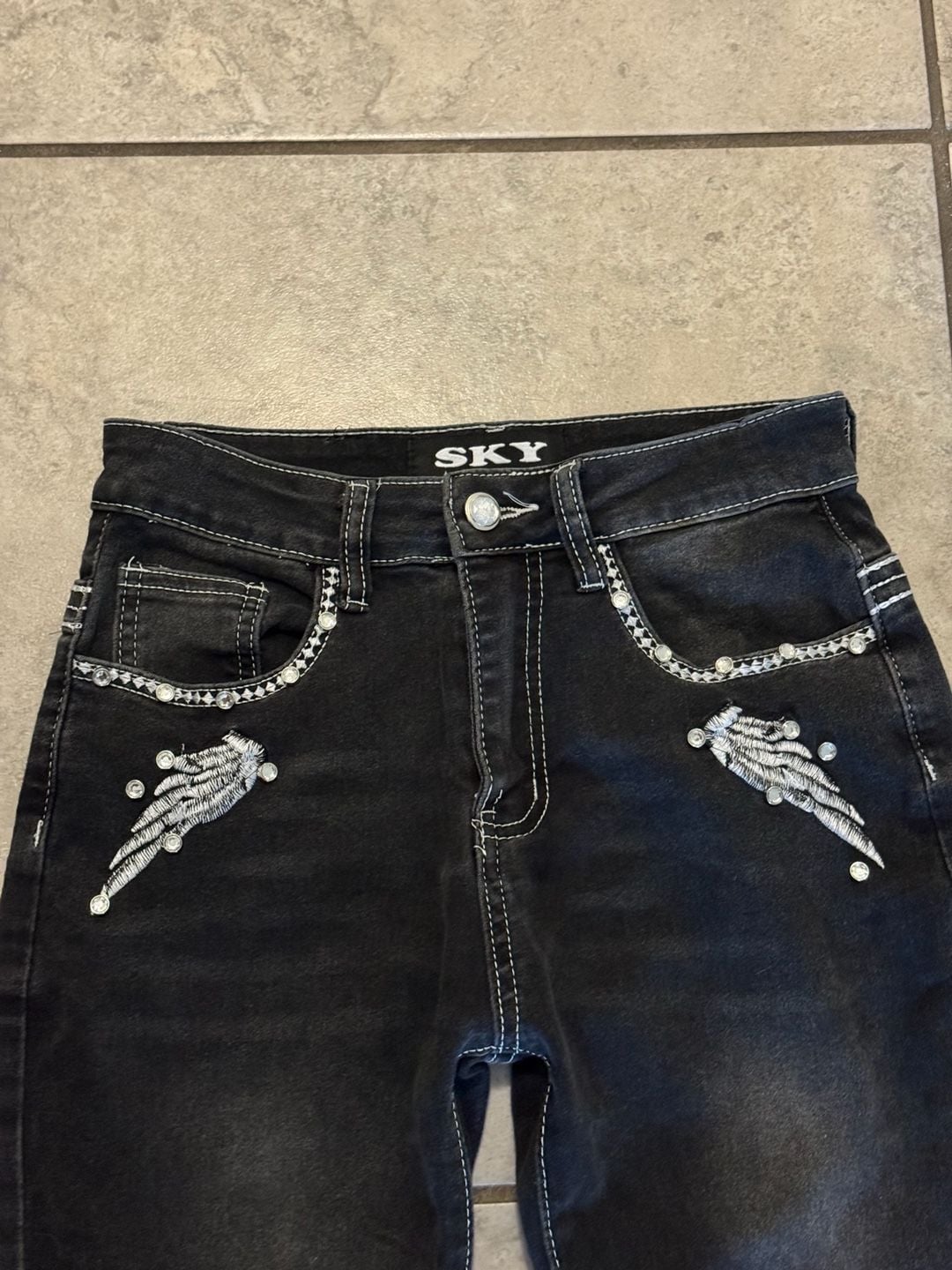 SKY Rhinestone Skull Wing Flare Jeans Size 5 Black Y2K Embellished 3