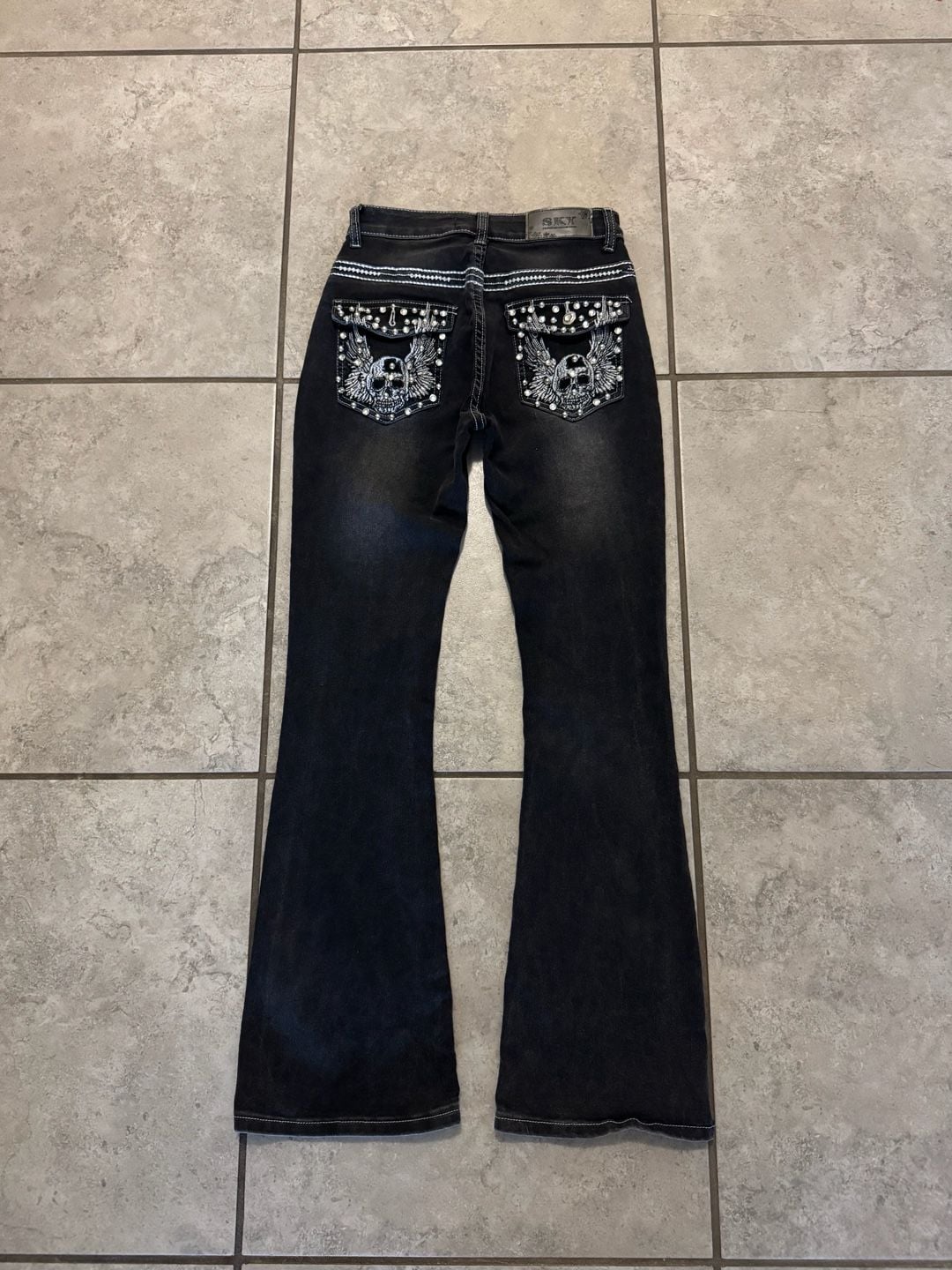 SKY Rhinestone Skull Wing Flare Jeans Size 5 Black Y2K Embellished 5