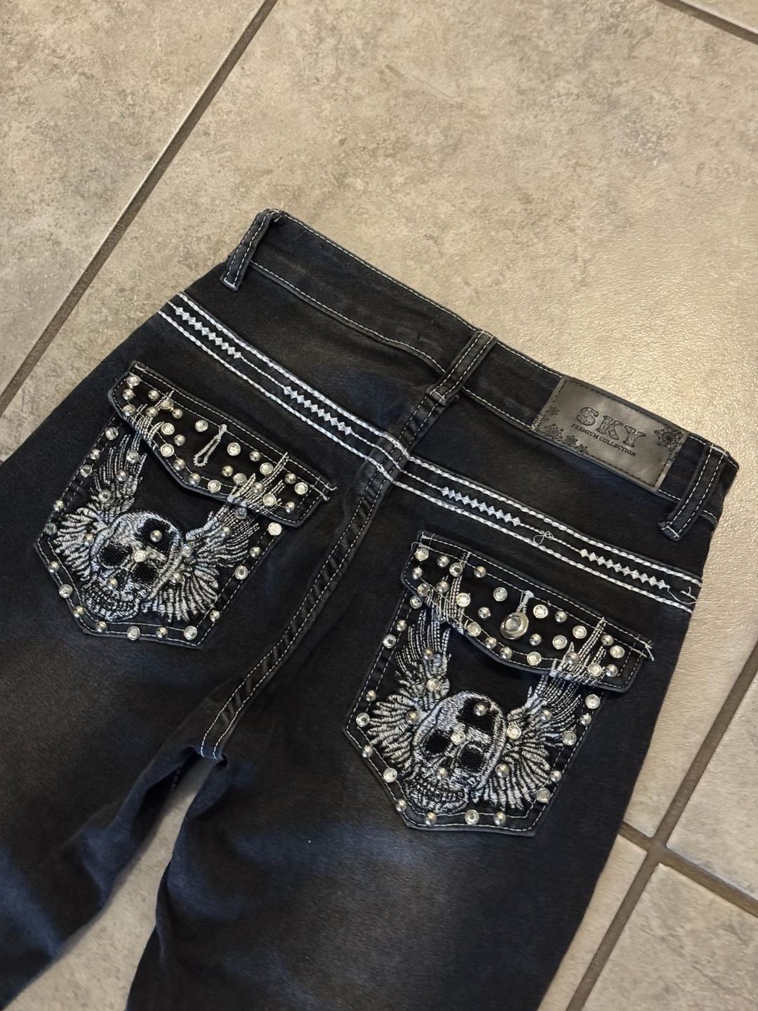 SKY Rhinestone Skull Wing Flare Jeans Size 5 Black Y2K Embellished 6
