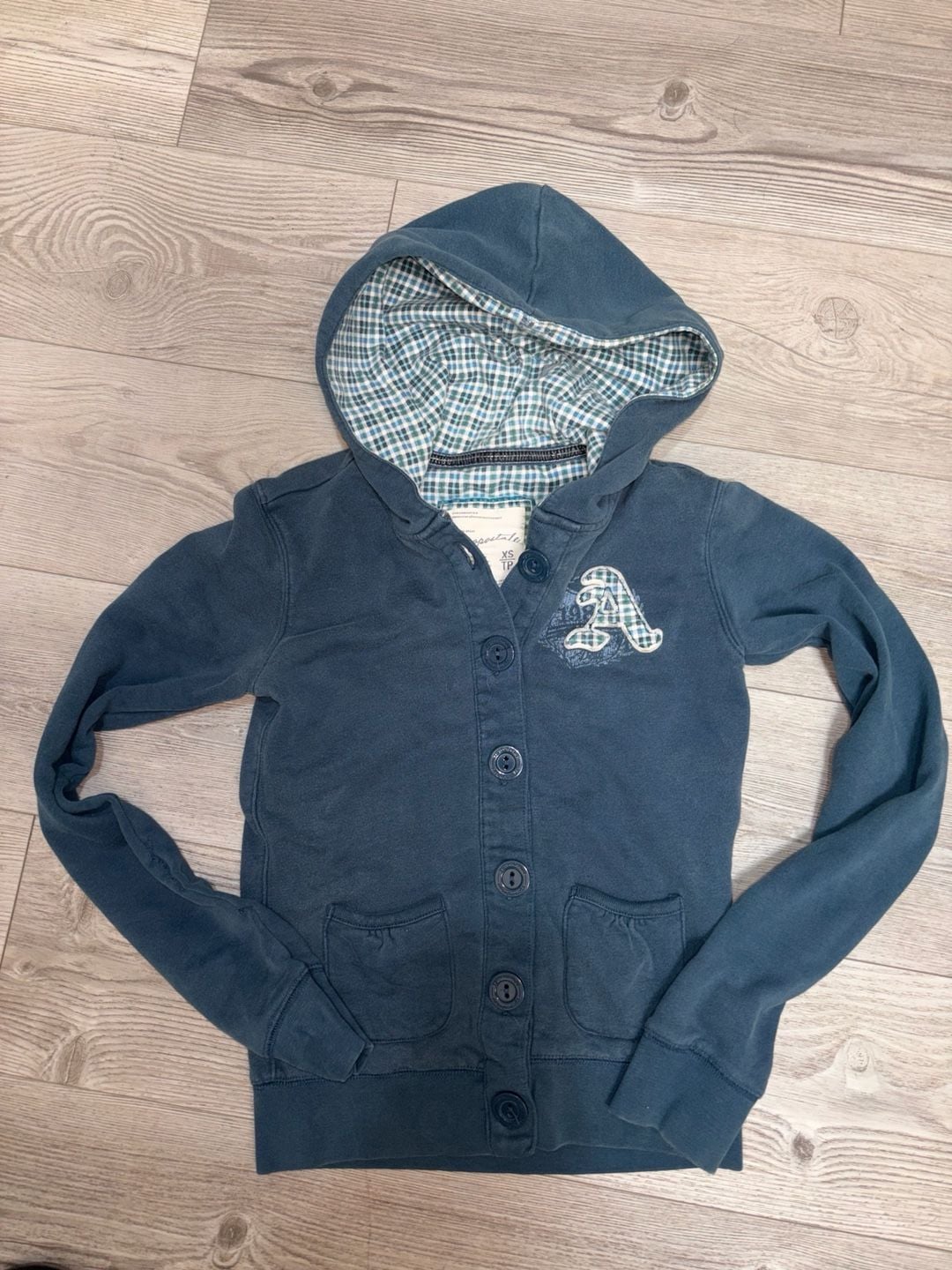 Aeropostale Button Up Hoodie Size XS Blue Plaid Lined Sweatshirt Cardigan 1