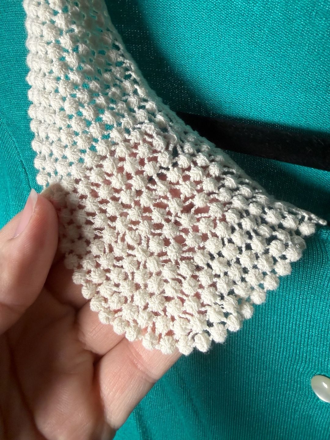 ModCloth Crop Cardigan Size L Teal Crochet Collar Sweater 4