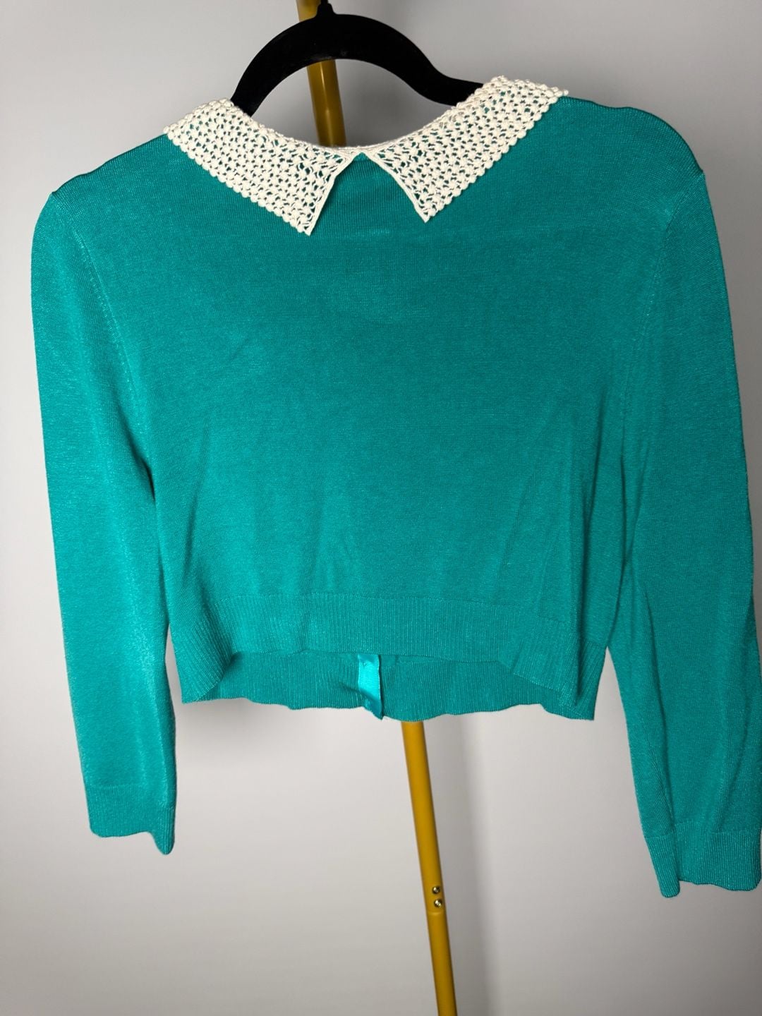 ModCloth Crop Cardigan Size L Teal Crochet Collar Sweater 5