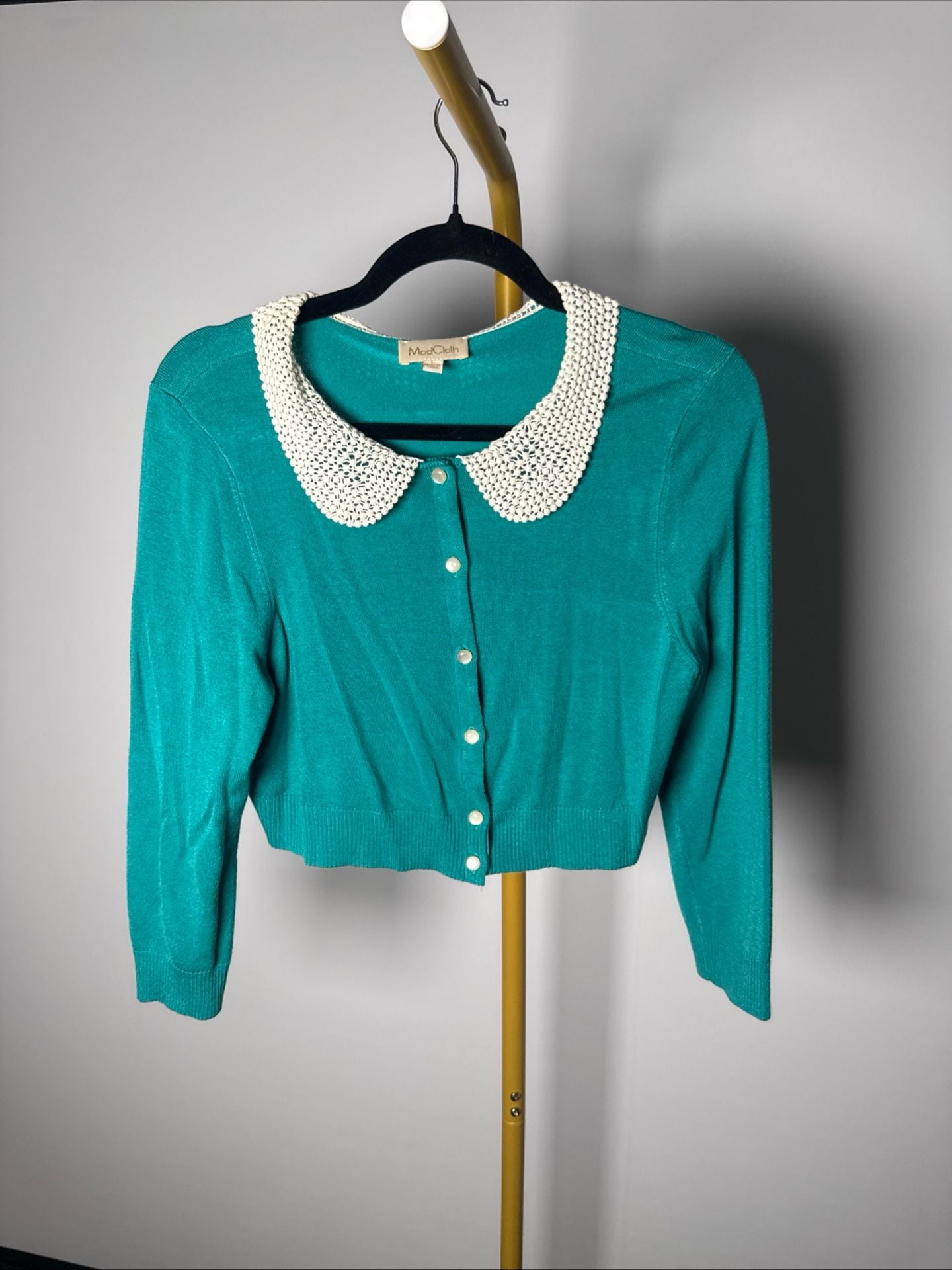 ModCloth Crop Cardigan Size L Teal Crochet Collar Sweater 6