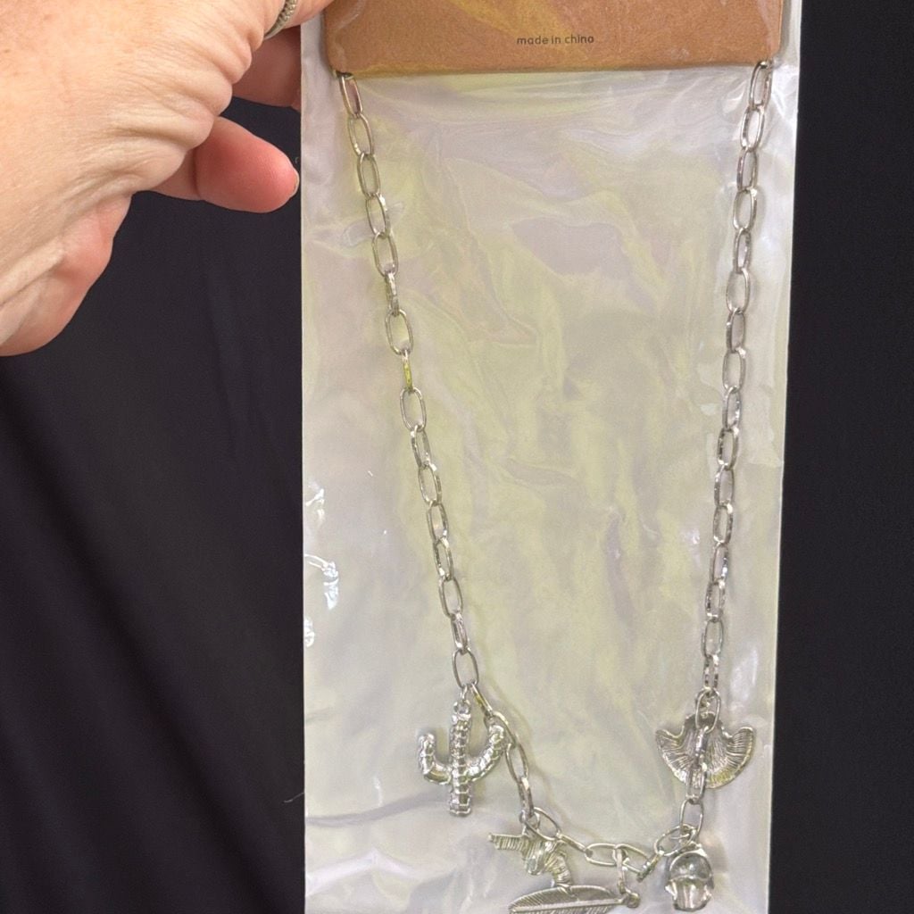 Unbranded Western Charm Necklace Silver Tone Cactus Gun Feather 2
