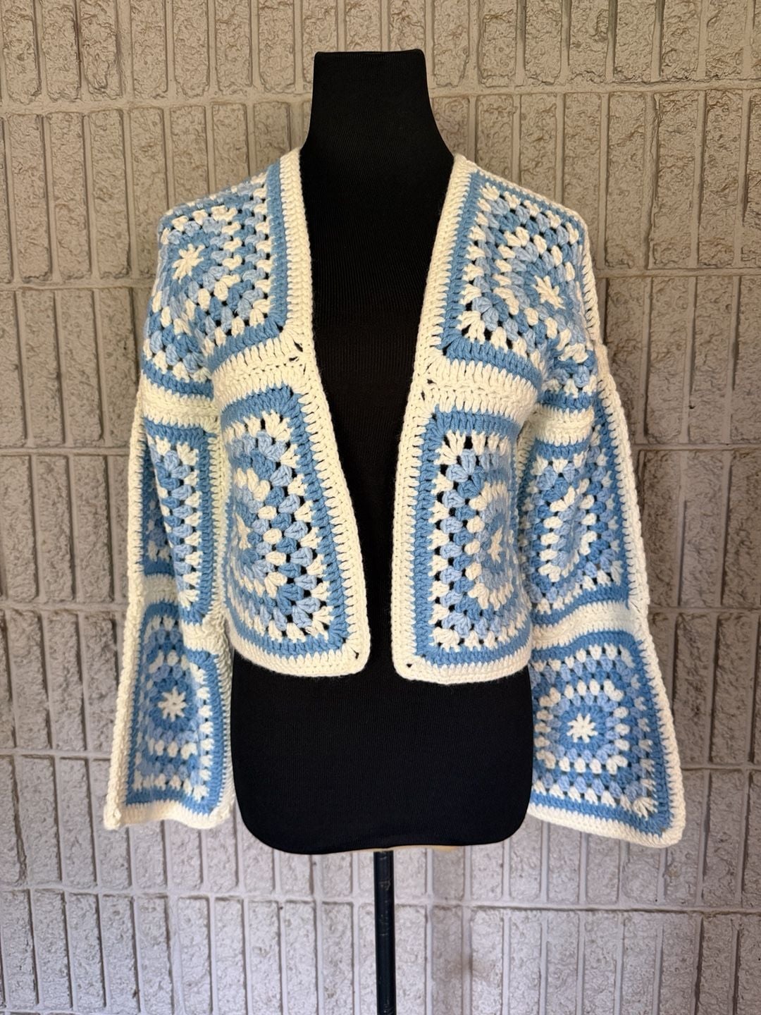 911 Beulah Granny Square Crochet Cardigan Blue White 2
