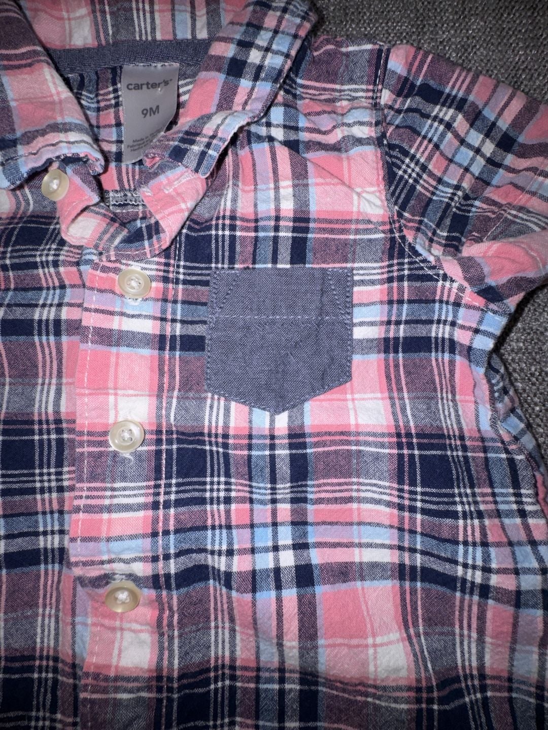 Carter's Plaid Romper Size 9M Pink Blue Short Sleeve Button Front 4