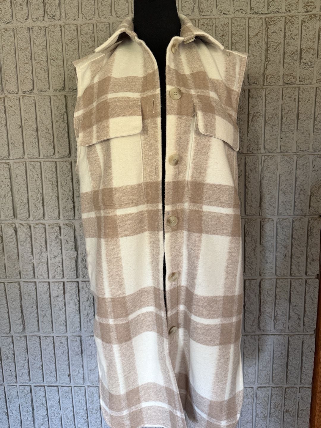 912 H&M Plaid Long Vest Size S Beige Cream Sleeveless 2