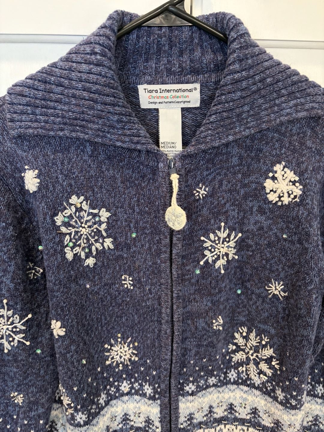 Vintage Tiara International Christmas Sweater M Beaded Snowflake Nordic Cardigan 6