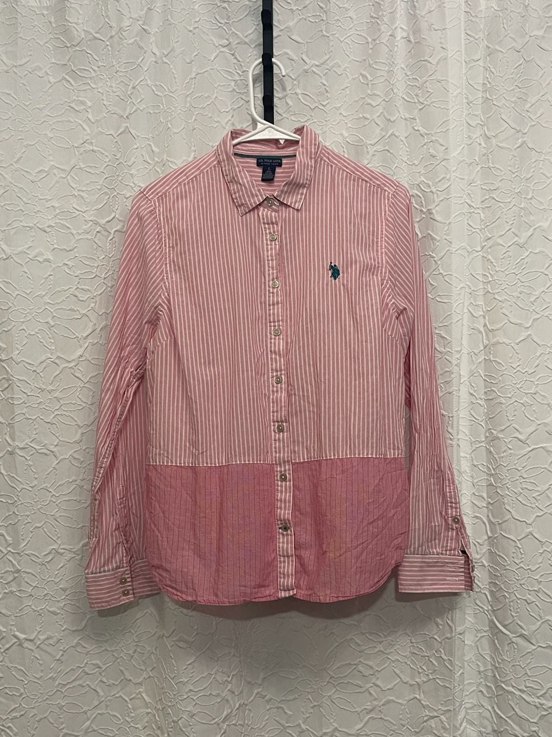 US Polo Assn Colorblock Striped Button Down Shirt Large Pink White Preppy 2