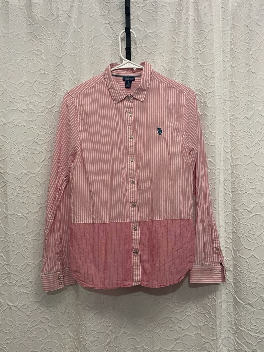 US Polo Assn Colorblock Striped Button Down Shirt Large Pink White Preppy 3