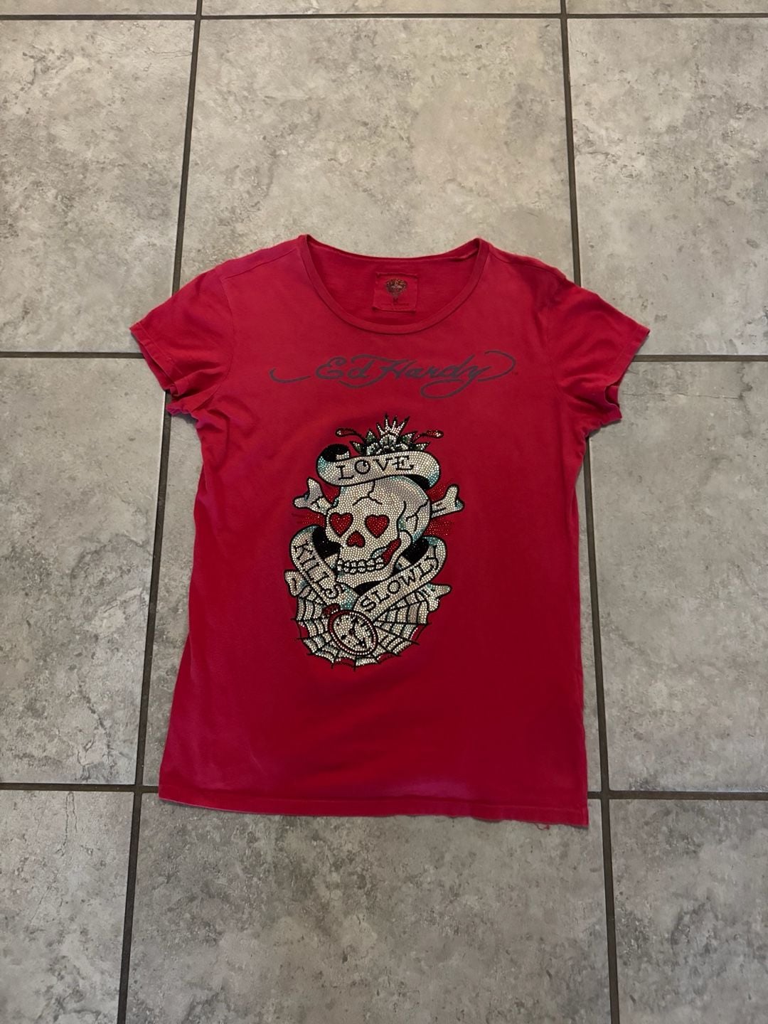 Ed Hardy Love Kills Slowly Rhinestone T-Shirt Size M Red 2