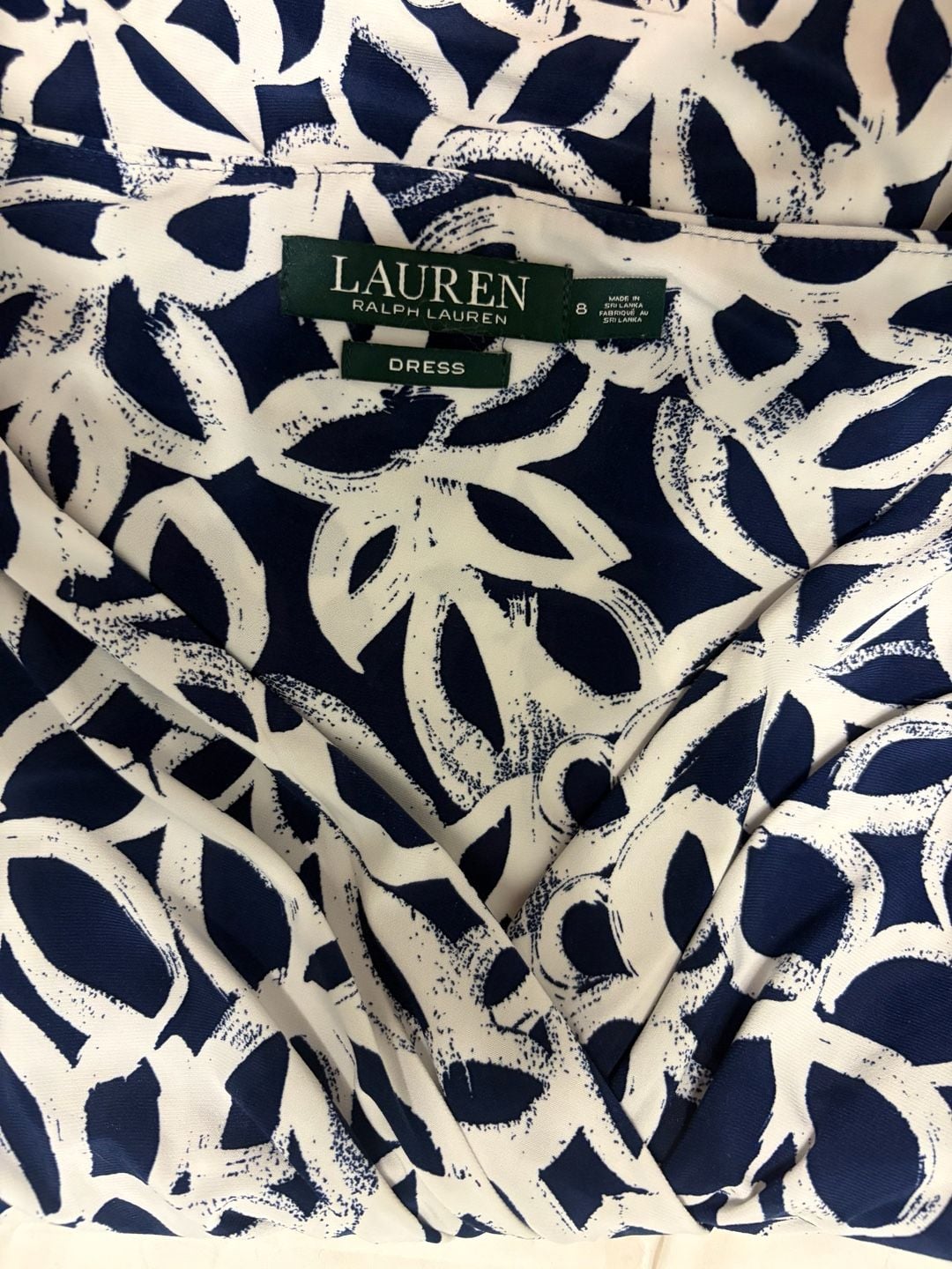 Ralph Lauren Faux Wrap Office Church Dress Size 8 Navy Blue Geometric Print 7