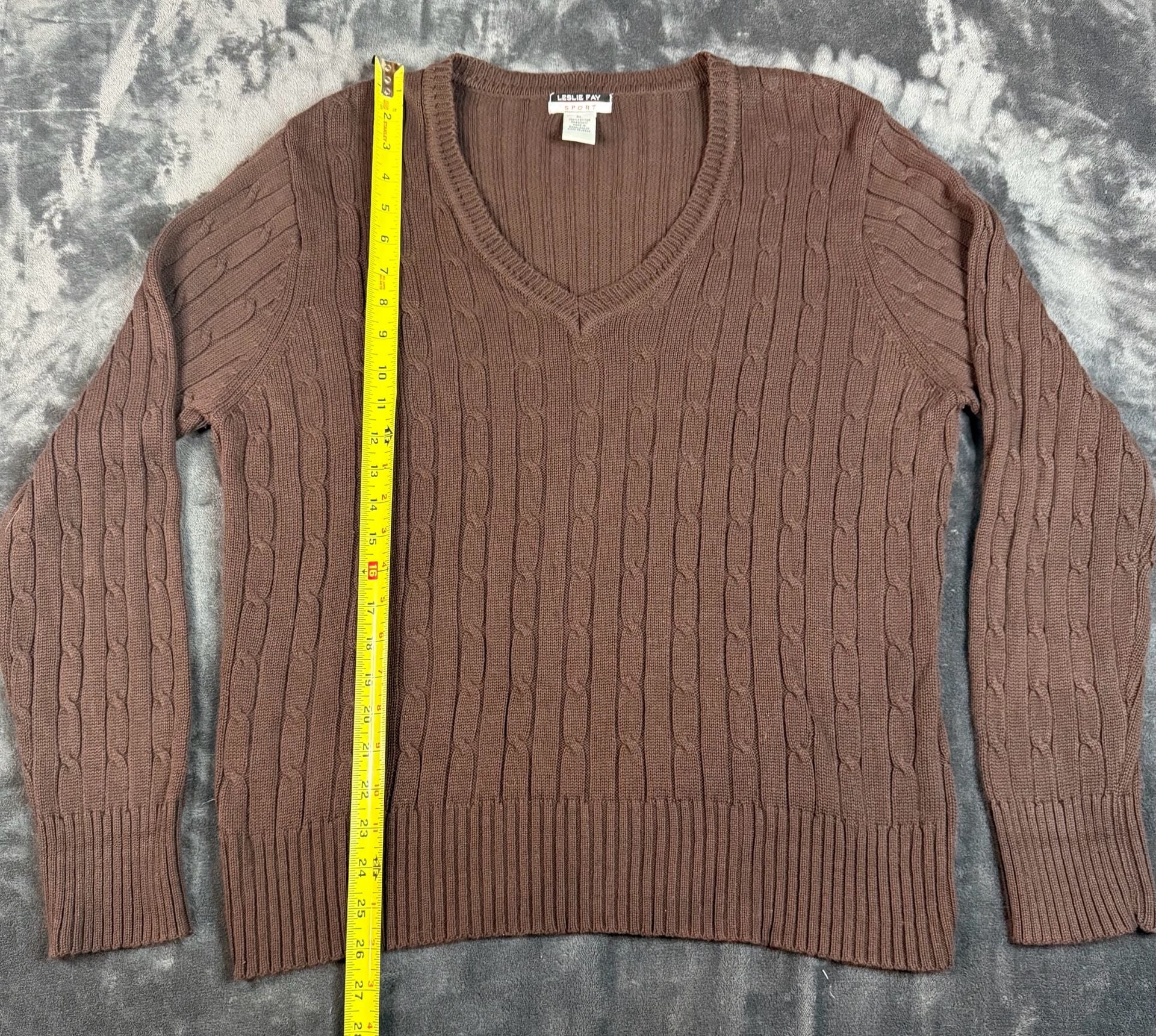 Women’s Leslie Fay Sport Cable Knit V-Neck Sweater Size XL Brown Cotton#175 2