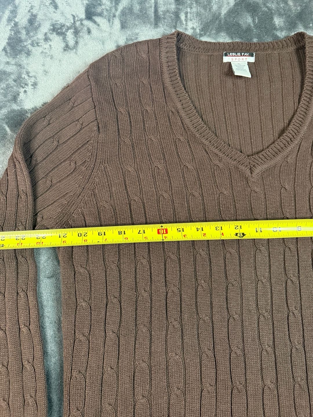 Women’s Leslie Fay Sport Cable Knit V-Neck Sweater Size XL Brown Cotton#175 3