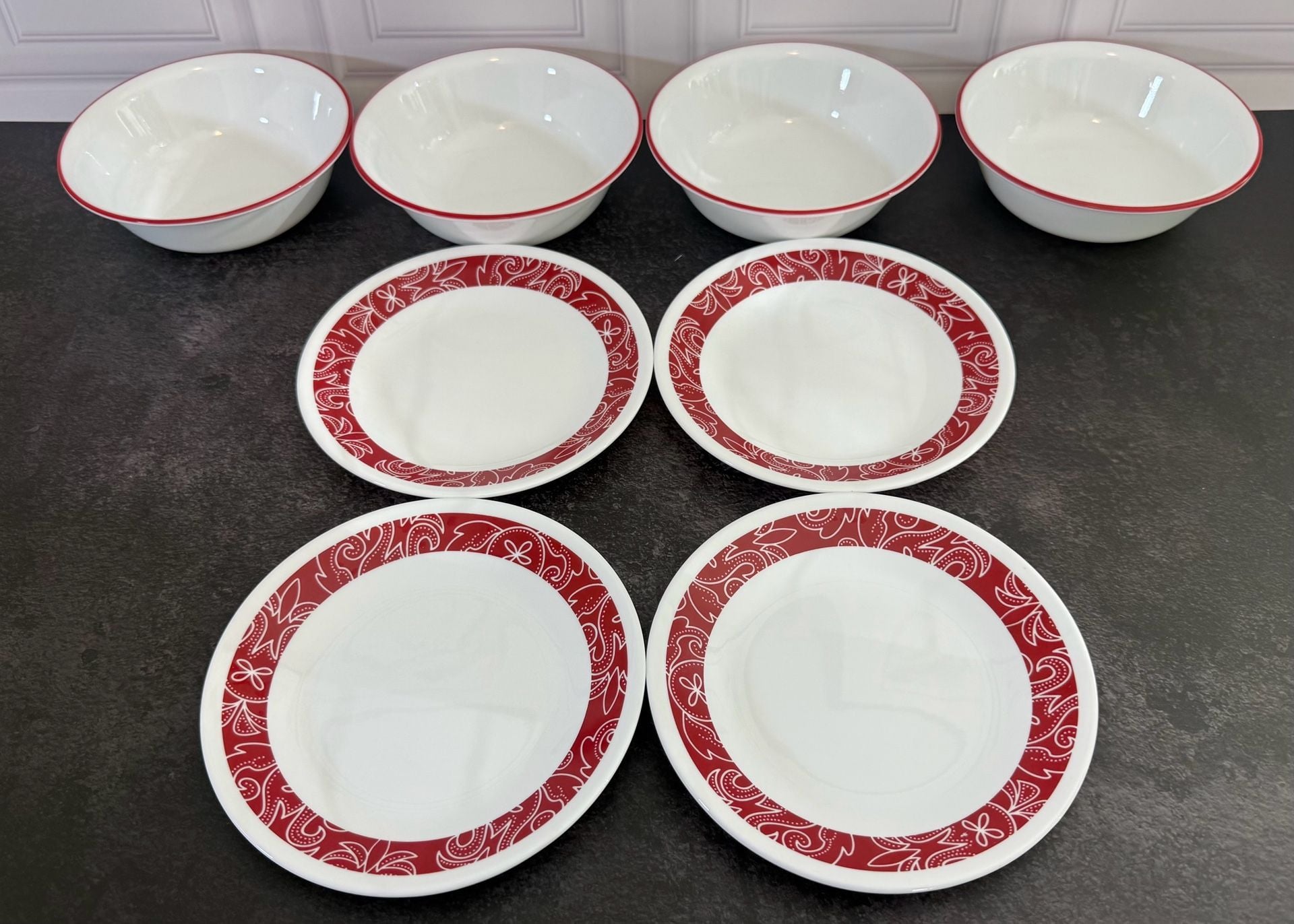 Corelle Vitrelle Bandhani Dinnerware Red White Paisley 1