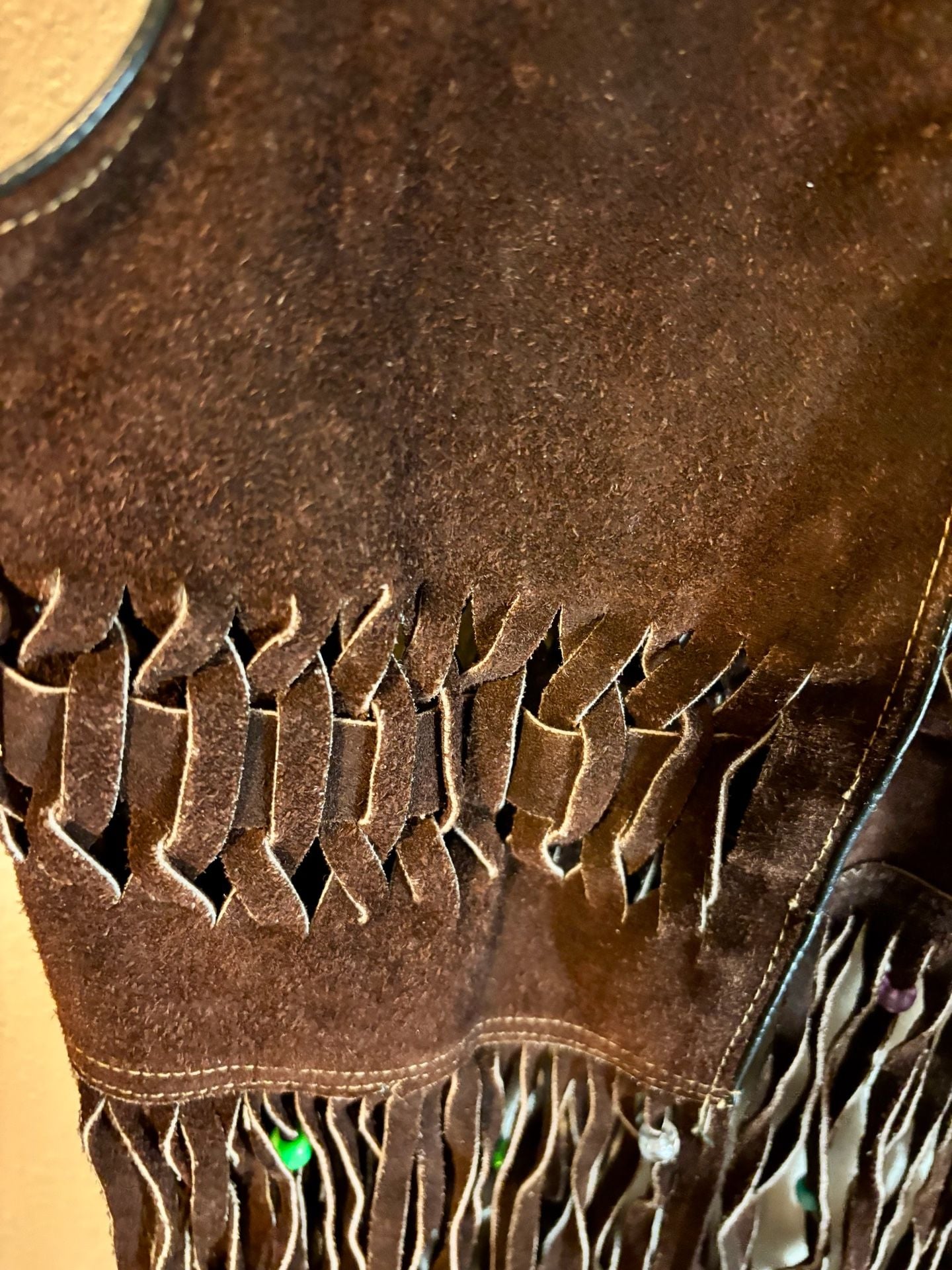 Vintage Brown Suede Leather Fringe Western Vest Beaded Boho 10
