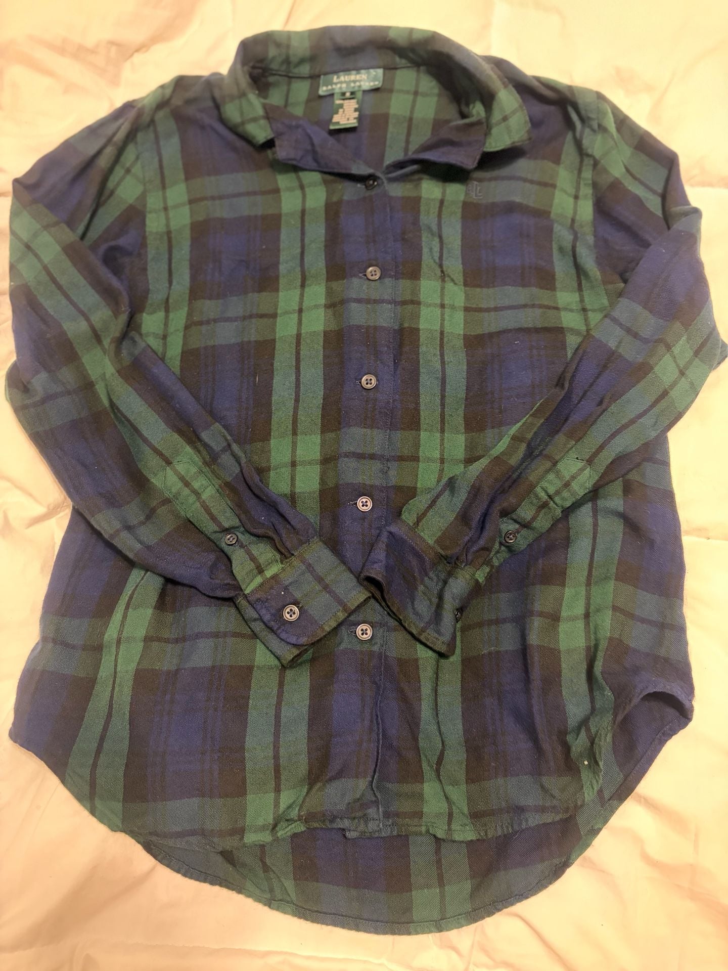 Lauren Ralph Lauren Plaid Button Down Shirt Size S Green Blue Rayon 1