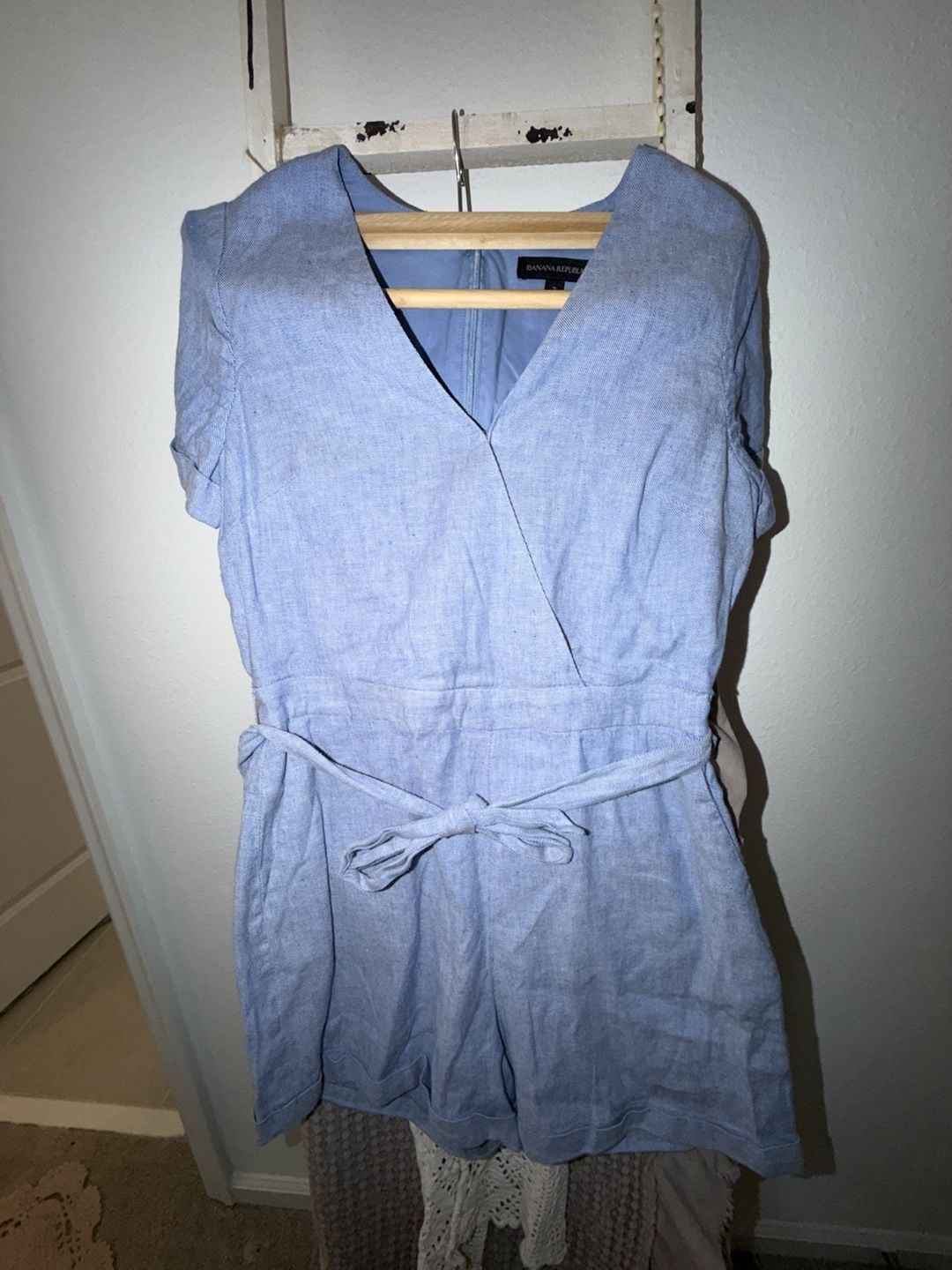 Banana Republic Romper Size 2 Blue Linen Cotton Blend Wrap Tie Waist 2