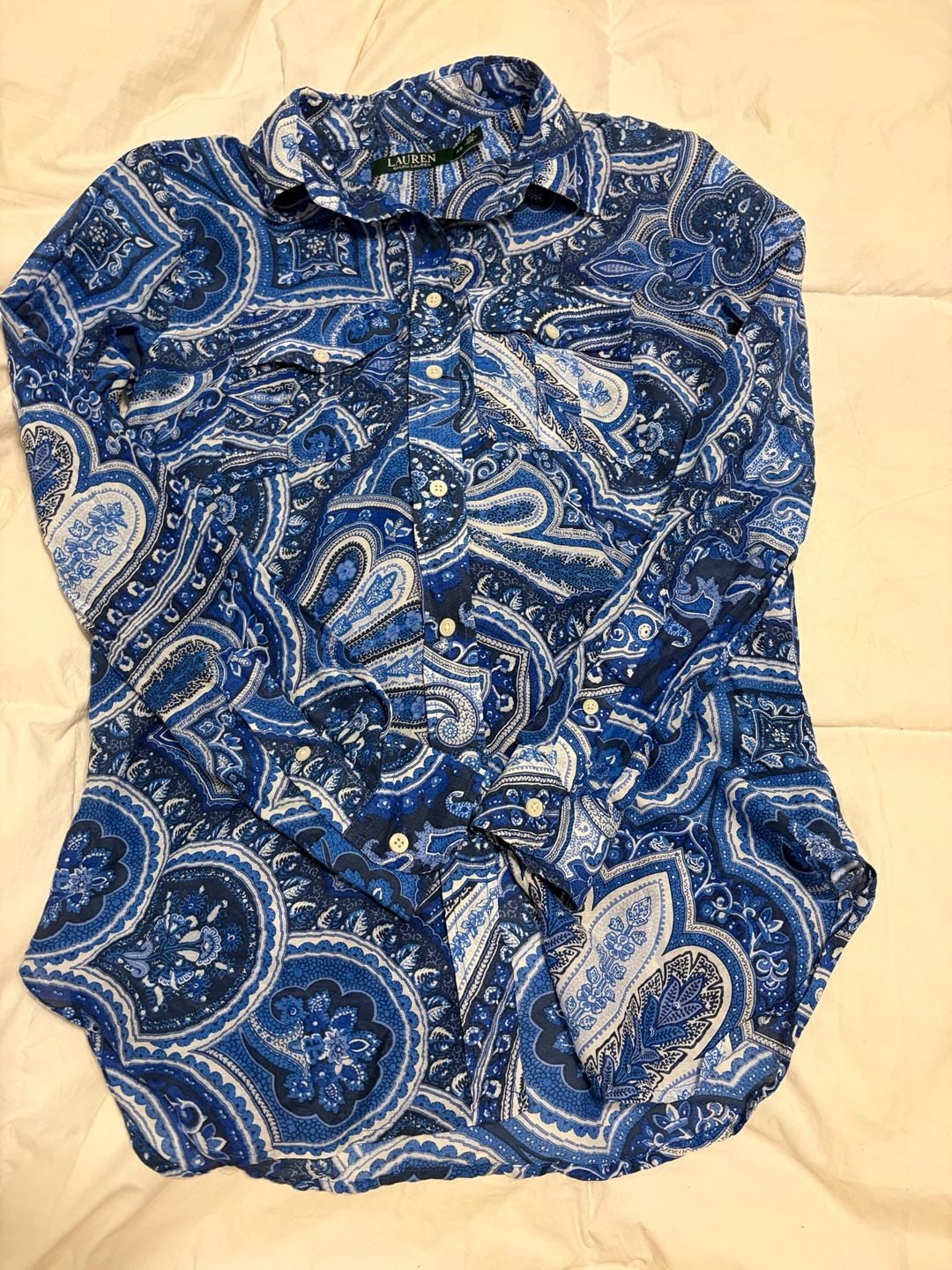 Ralph Lauren Paisley Office Button-Down Shirt Size XS Blue Cotton Silk 1