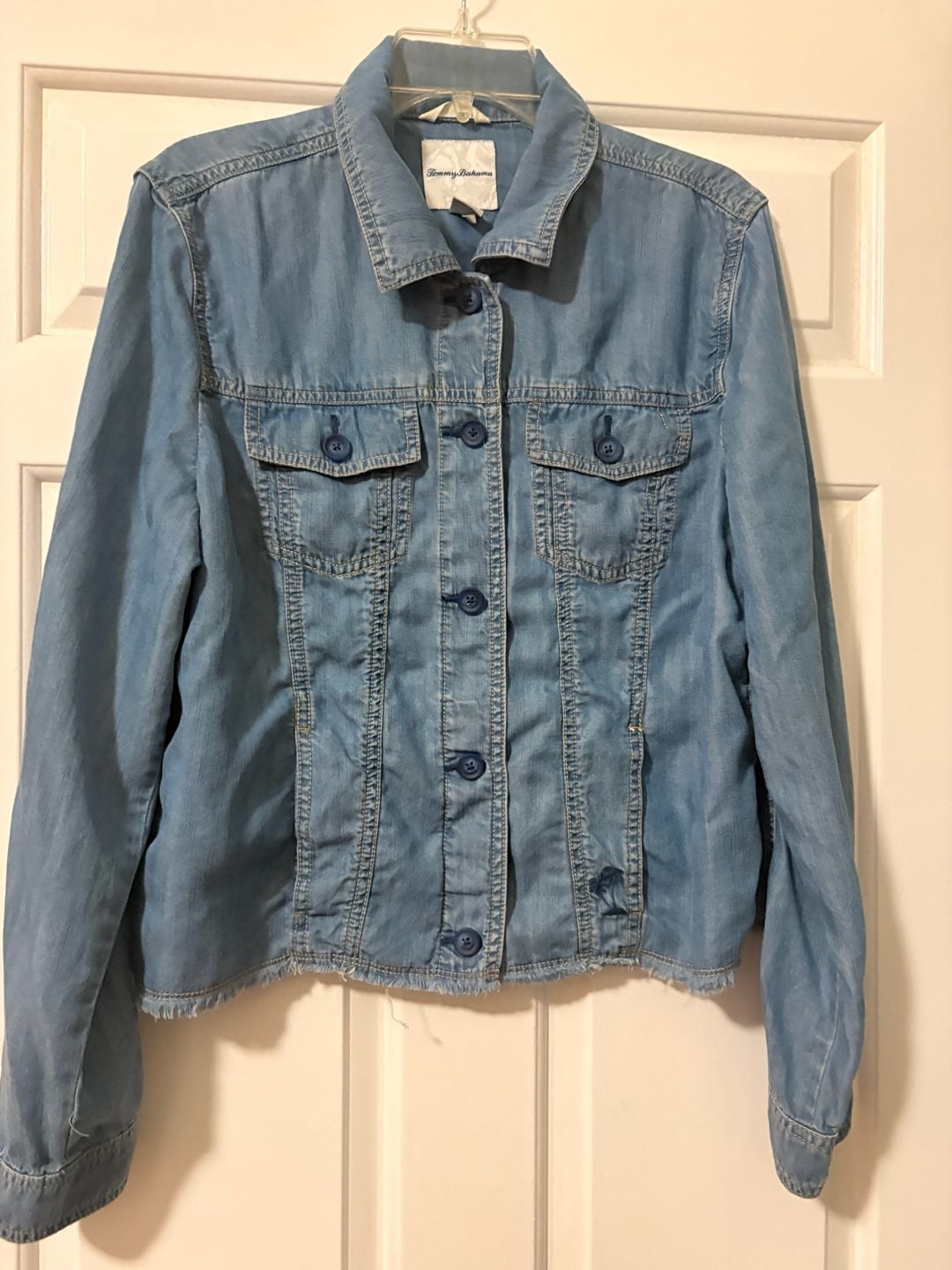 Tommy Bahama Denim Jacket Blue Chambray Frayed Hem 2