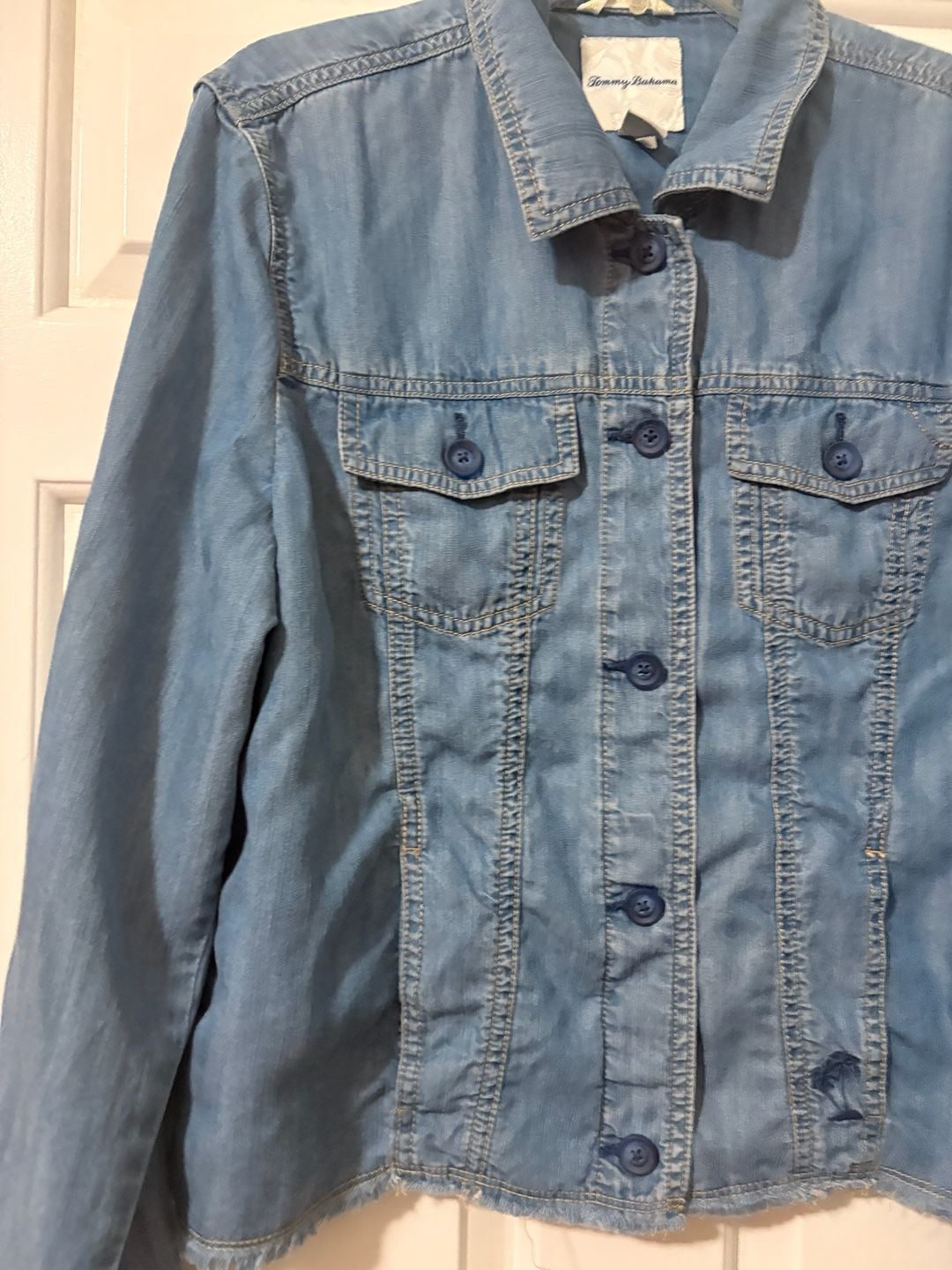 Tommy Bahama Denim Jacket Blue Chambray Frayed Hem 3