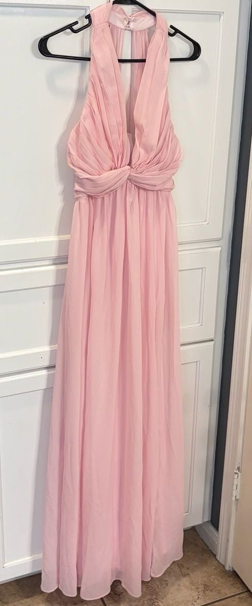 Lulus Blush Pink Chiffon Maxi Dress Small Halter Plunge Formal Bridesmaid Gown 3