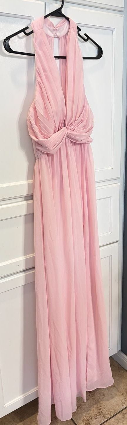 Lulus Blush Pink Chiffon Maxi Dress Small Halter Plunge Formal Bridesmaid Gown 11