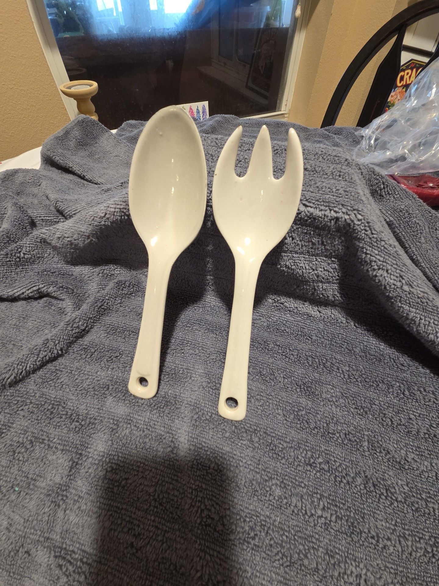 Russel Wright American Modern White Ceramic Salad Fork and Spoon Set 1