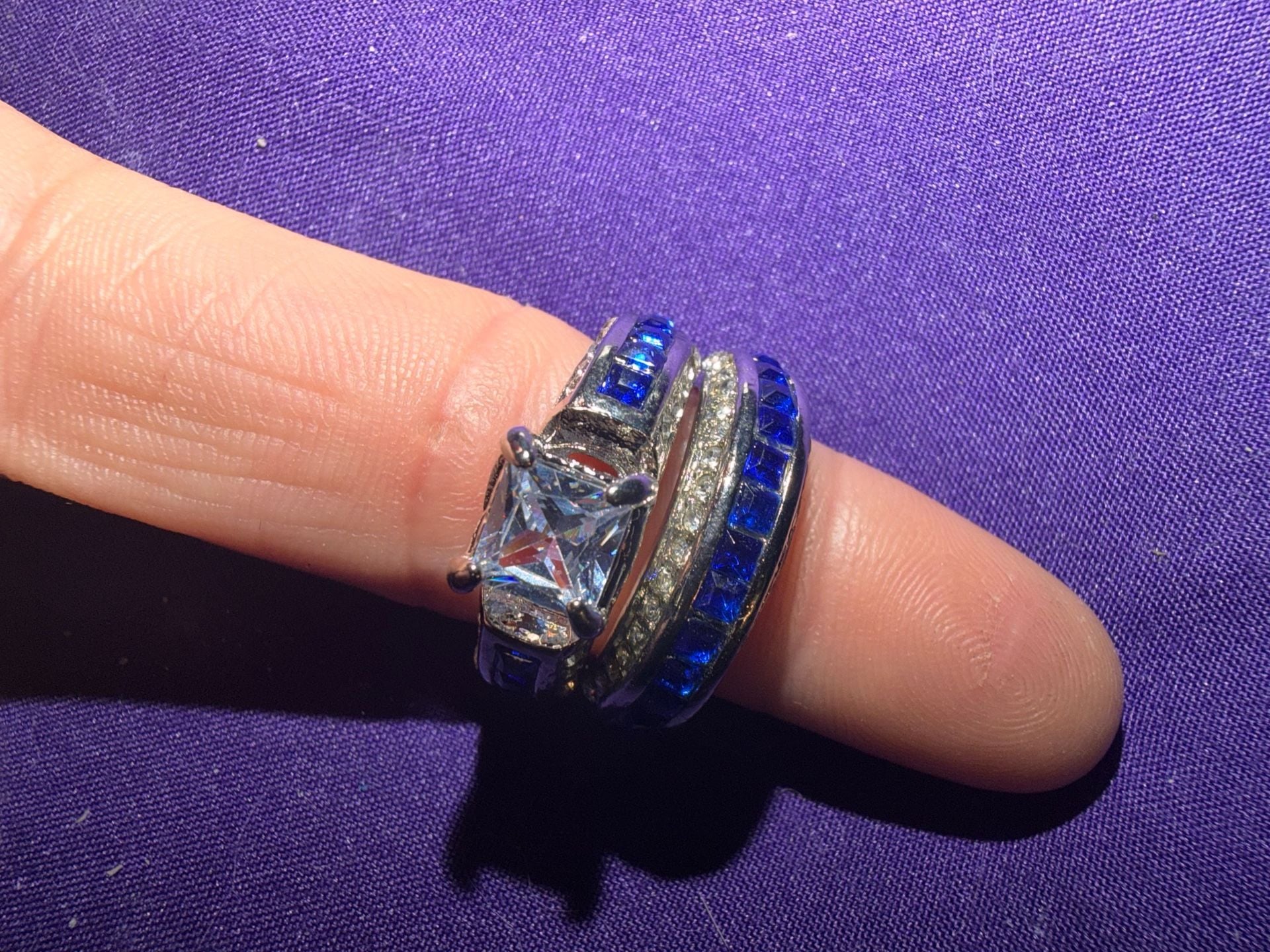 Princess Cut stamped 925 Sterling Silver Ring Set Royal Blue Size 7 1