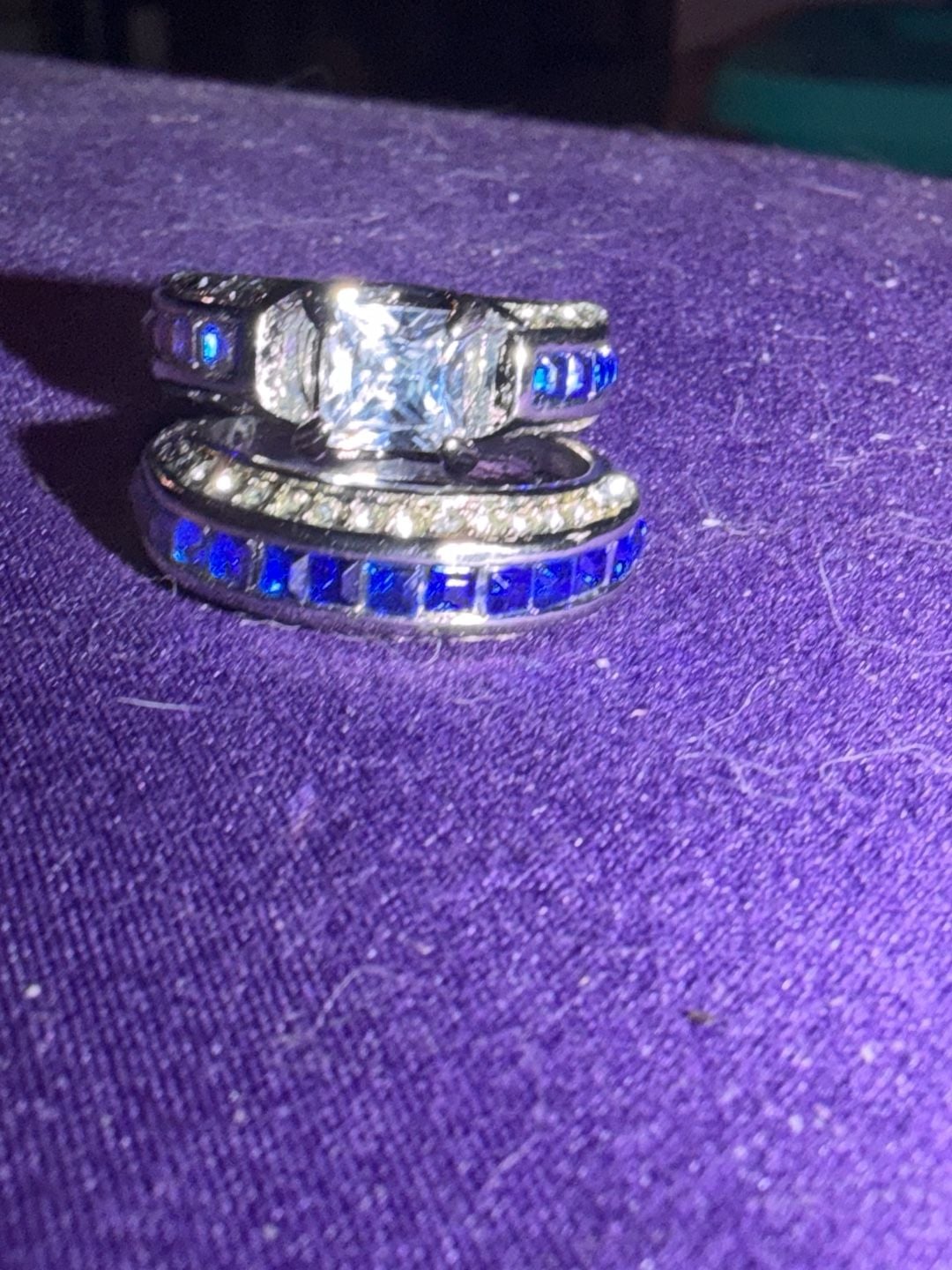 Princess Cut stamped 925 Sterling Silver Ring Set Royal Blue Size 7 4