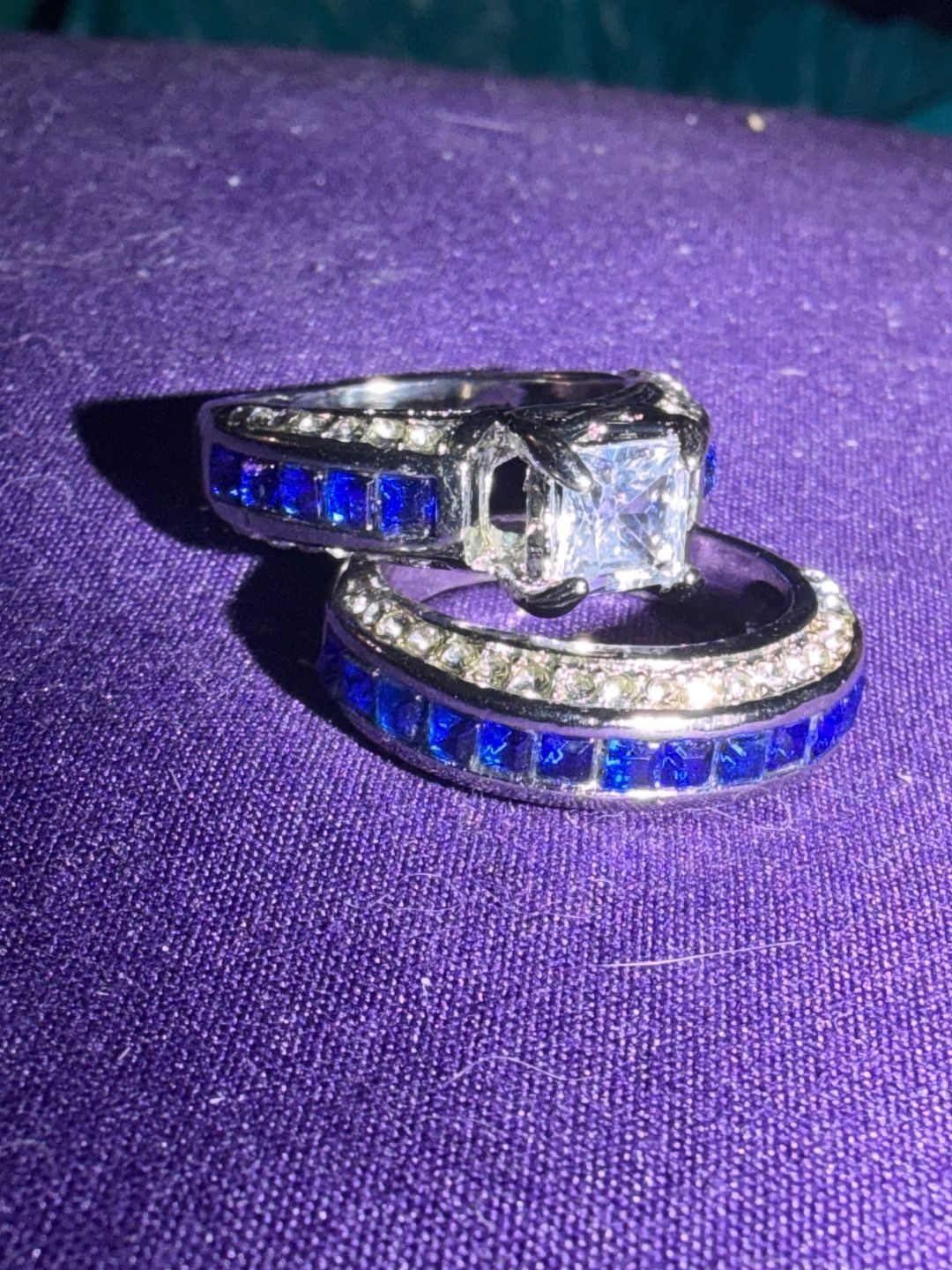 Princess Cut stamped 925 Sterling Silver Ring Set Royal Blue Size 7 5