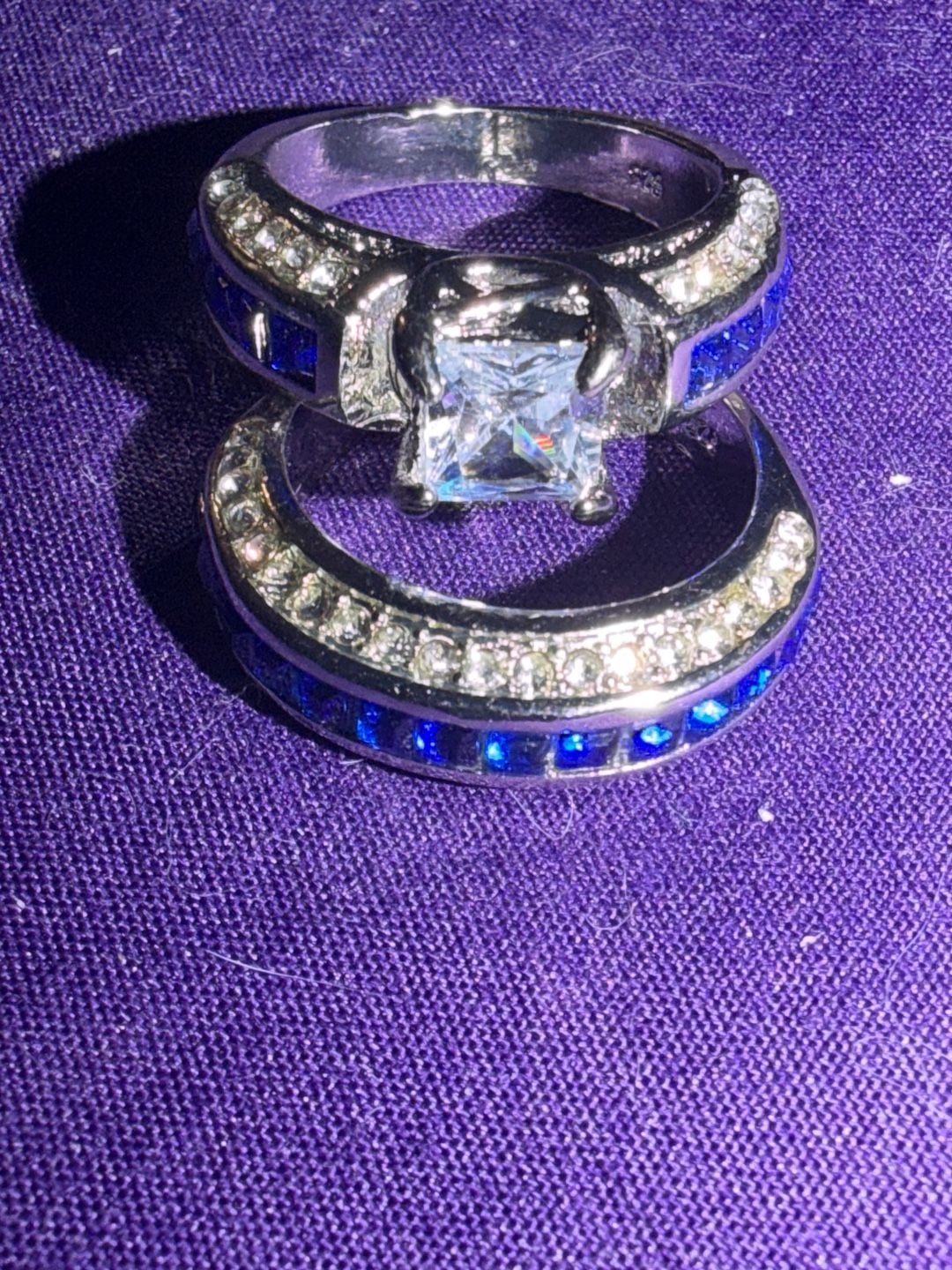Princess Cut stamped 925 Sterling Silver Ring Set Royal Blue Size 7 6
