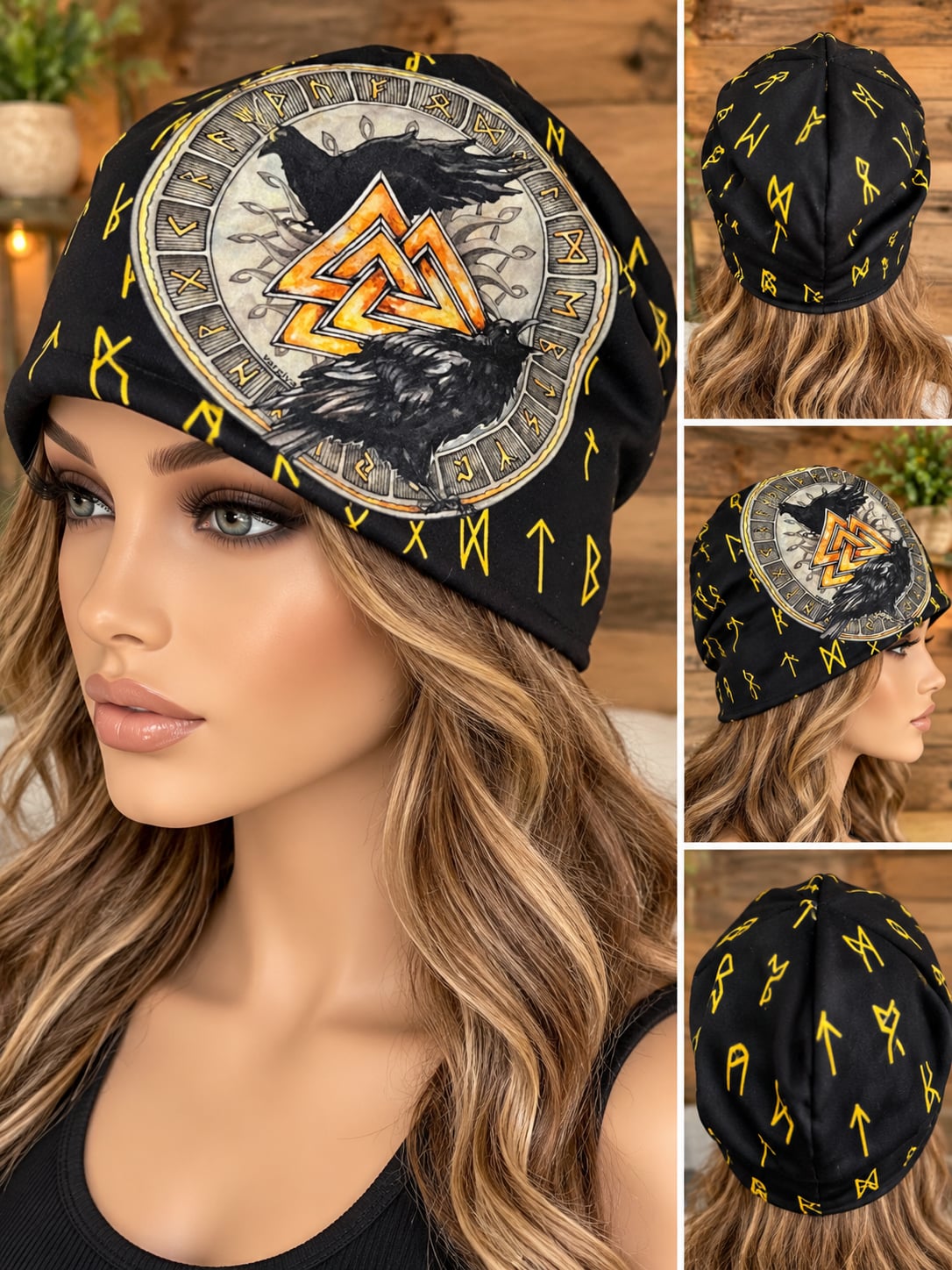 Viking Valknut Raven Beanie Norse Mythology Print Slouch Cap 2