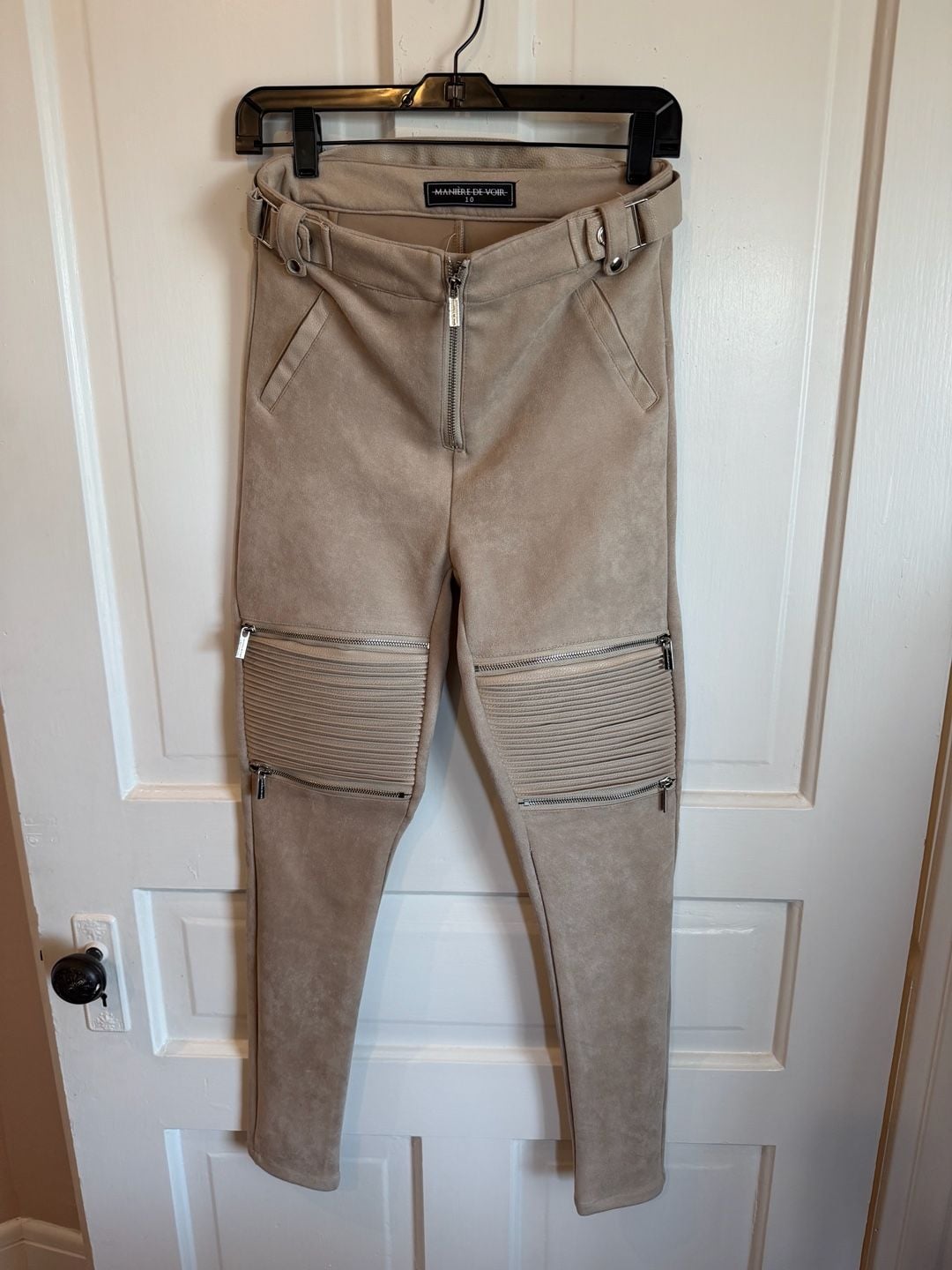 Maniere De Voir Biker Pants Size 10 Ribbed Vegan Suede Leggings Beige 2