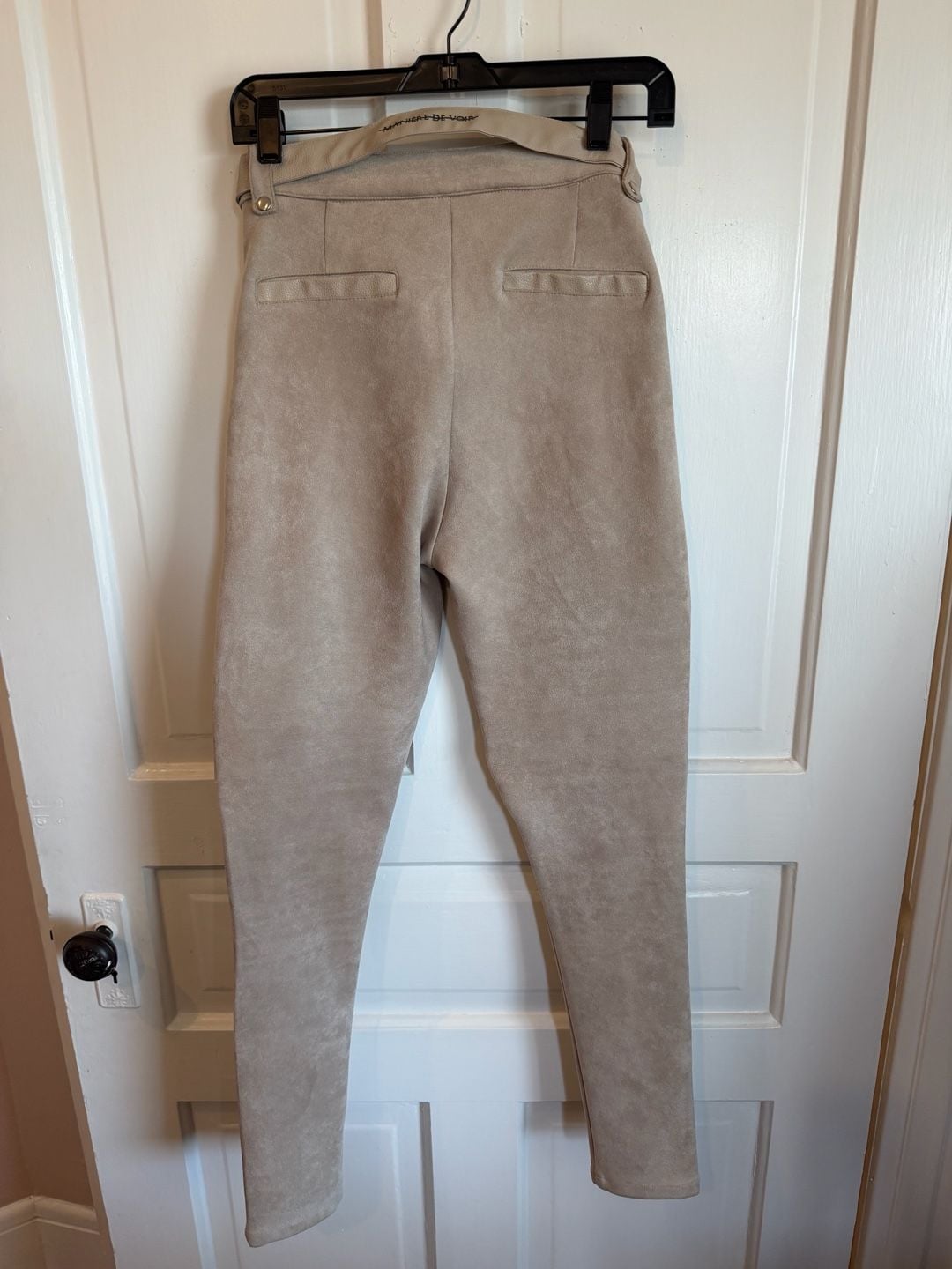 Maniere De Voir Biker Pants Size 10 Ribbed Vegan Suede Leggings Beige 3