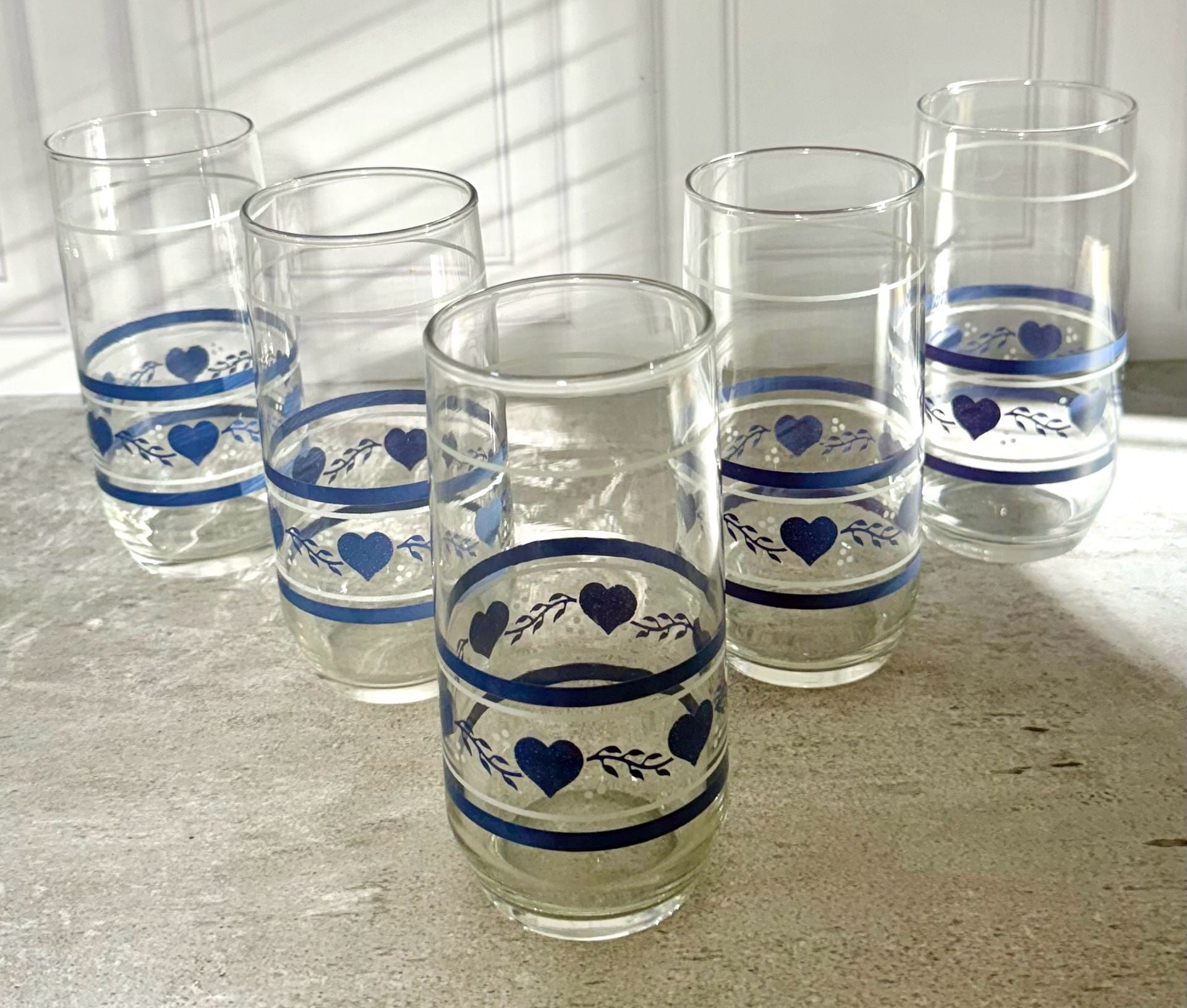 Libbey Blue Country Hearts 6in Tall Tumbler Glass Set of 5 1