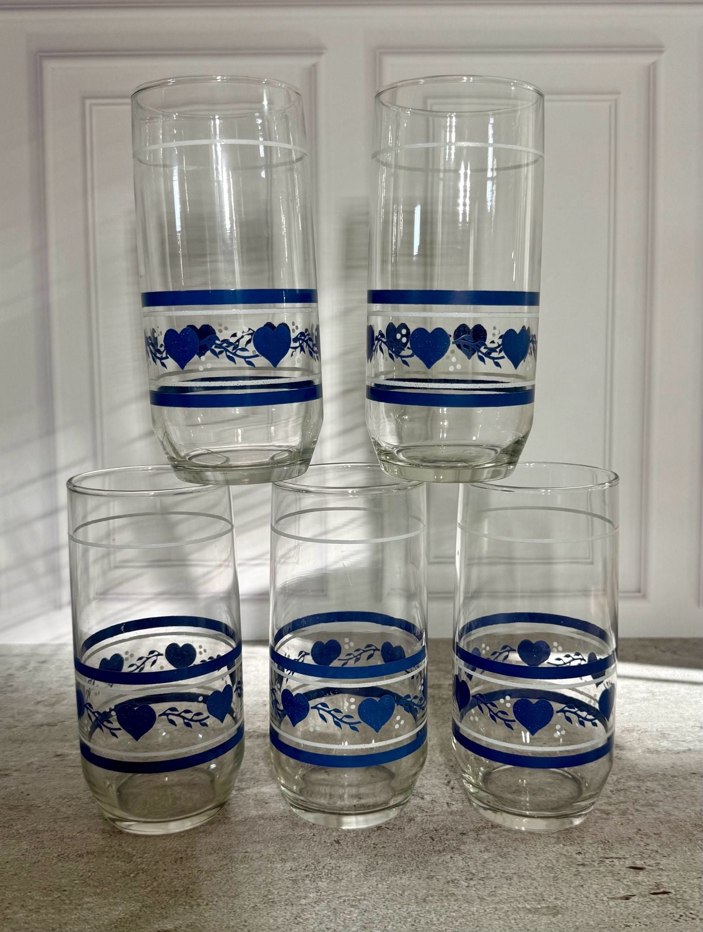 Libbey Blue Country Hearts 6in Tall Tumbler Glass Set of 5 5