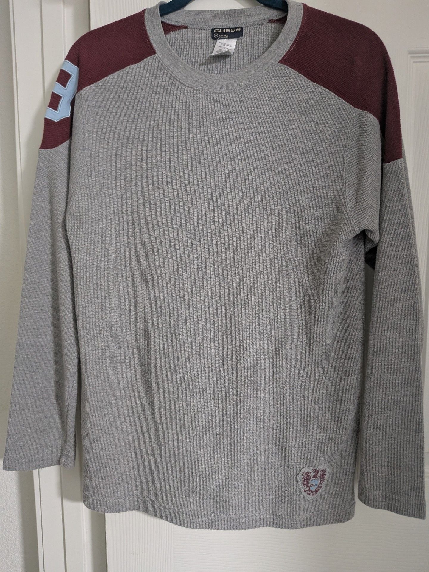 GUESS Long Sleeve Waffle Knit Shirt Grey Burgundy 2